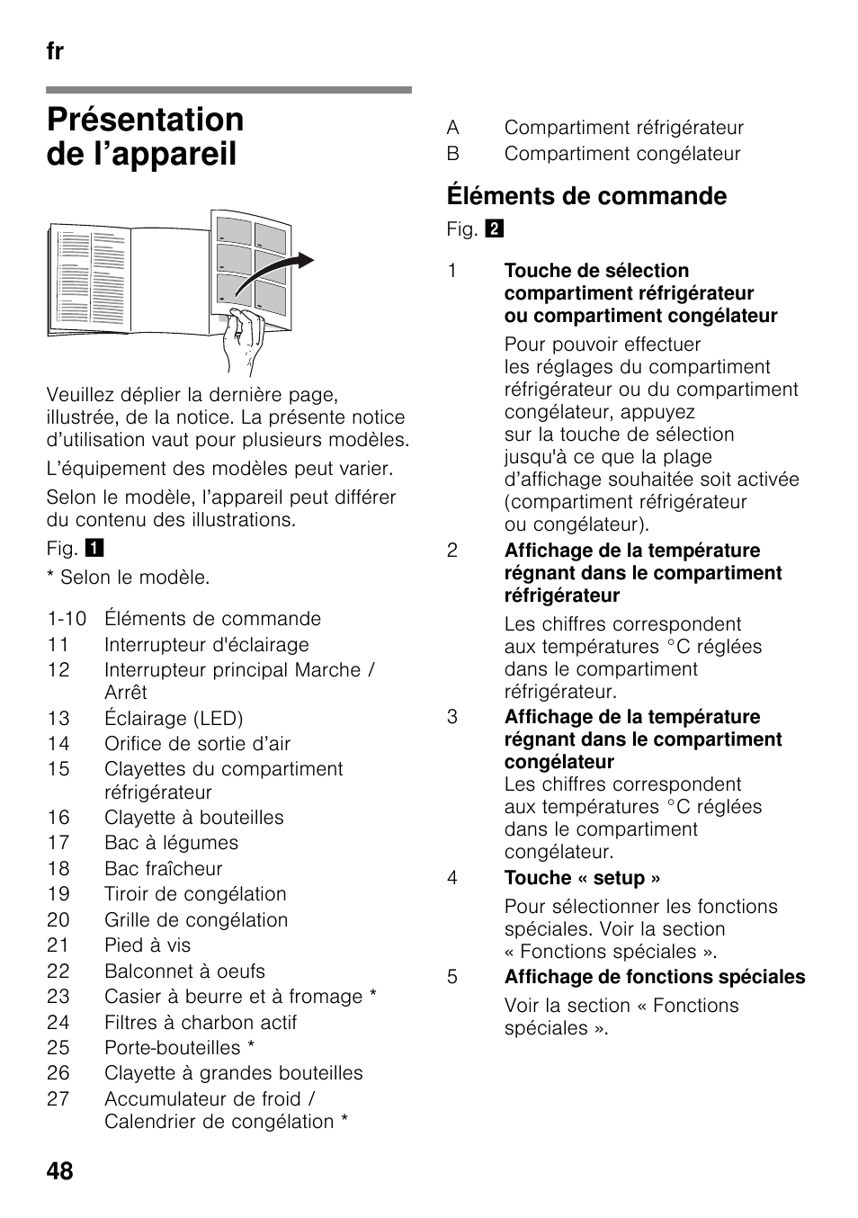 Présentation de l’appareil, Éléments de commande, Fr 48 | Siemens KG49NSW31 User Manual | Page 48 / 108