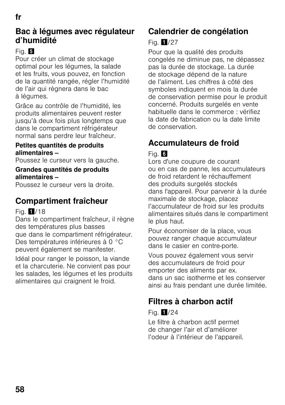 Bac à légumes avec régulateur d’humidité, Compartiment fraîcheur, Calendrier de congélation | Accumulateurs de froid, Filtres à charbon actif, Fr 58 bac à légumes avec régulateur d’humidité | Siemens KG49NSW31 User Manual | Page 58 / 108