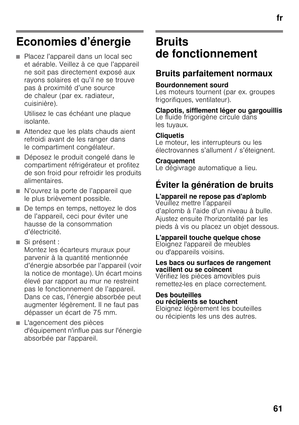 Economies d’énergie, Utilisez le cas échéant une plaque isolante, Bruits de fonctionnement | Bruits parfaitement normaux, Bourdonnement sourd, Clapotis, sifflement léger ou gargouillis, Cliquetis, Craquement, Éviter la génération de bruits, L'appareil ne repose pas d'aplomb | Siemens KG49NSW31 User Manual | Page 61 / 108