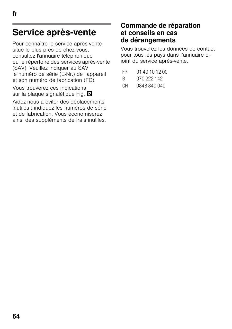 Service après-vente, Fr 64 | Siemens KG49NSW31 User Manual | Page 64 / 108