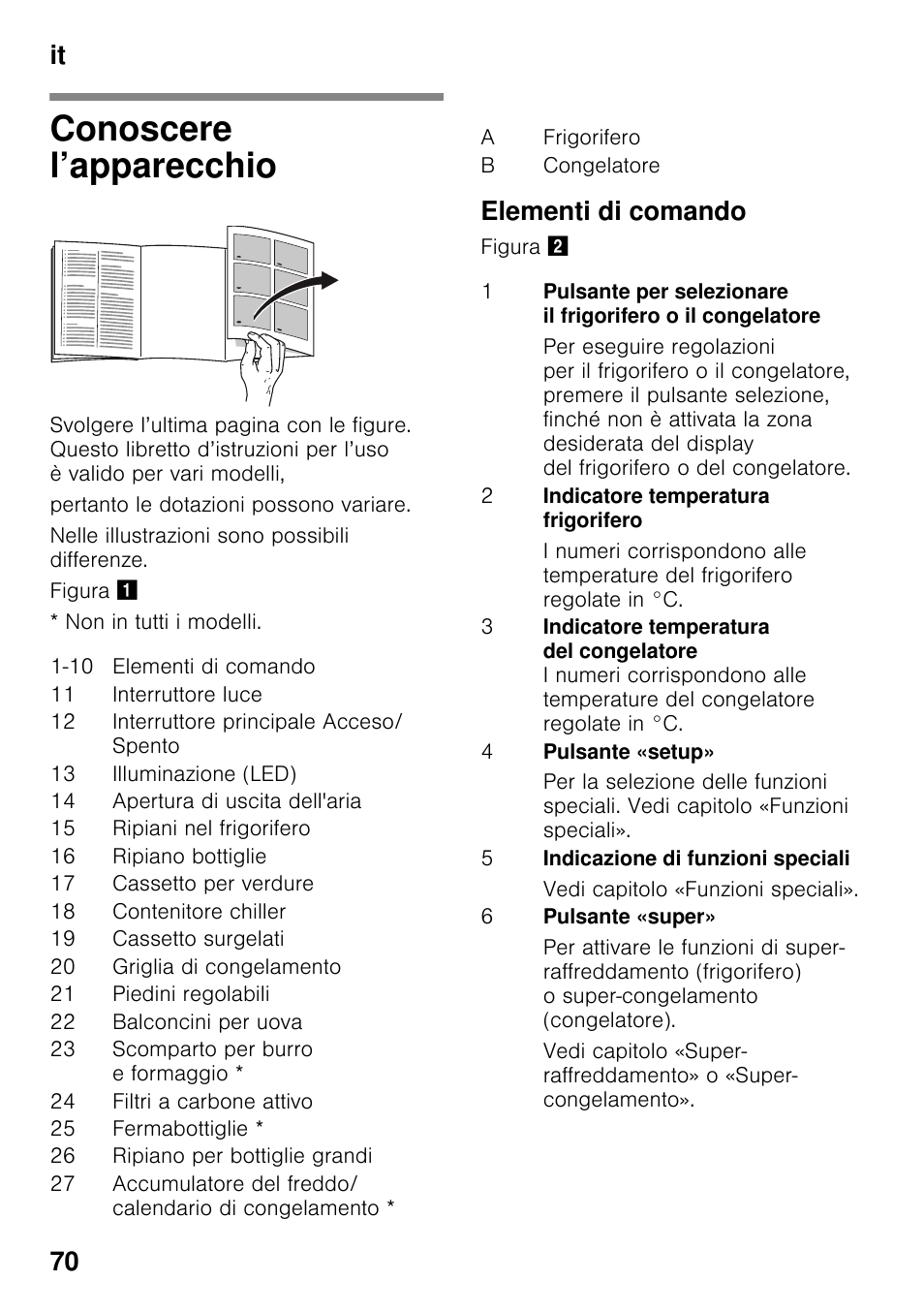 Conoscere l’apparecchio, Elementi di comando, It 70 | Siemens KG49NSW31 User Manual | Page 70 / 108