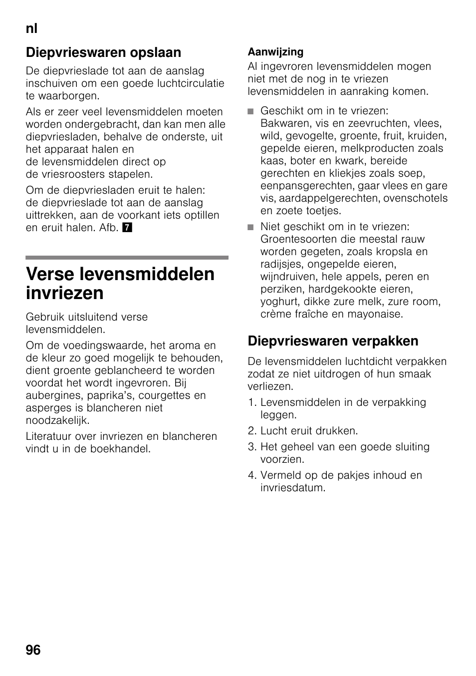 Diepvrieswaren opslaan, Verse levensmiddelen invriezen, Diepvrieswaren verpakken | Nl 96 diepvrieswaren opslaan | Siemens KG49NSW31 User Manual | Page 96 / 108