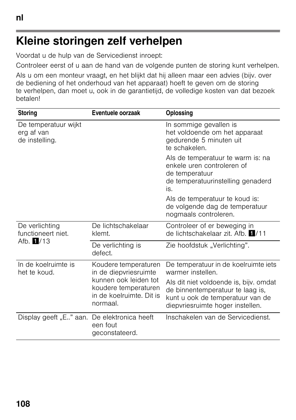 Kleine storingen zelf verhelpen, Nl 108 | Siemens KG49NSW31 User Manual | Page 108 / 115