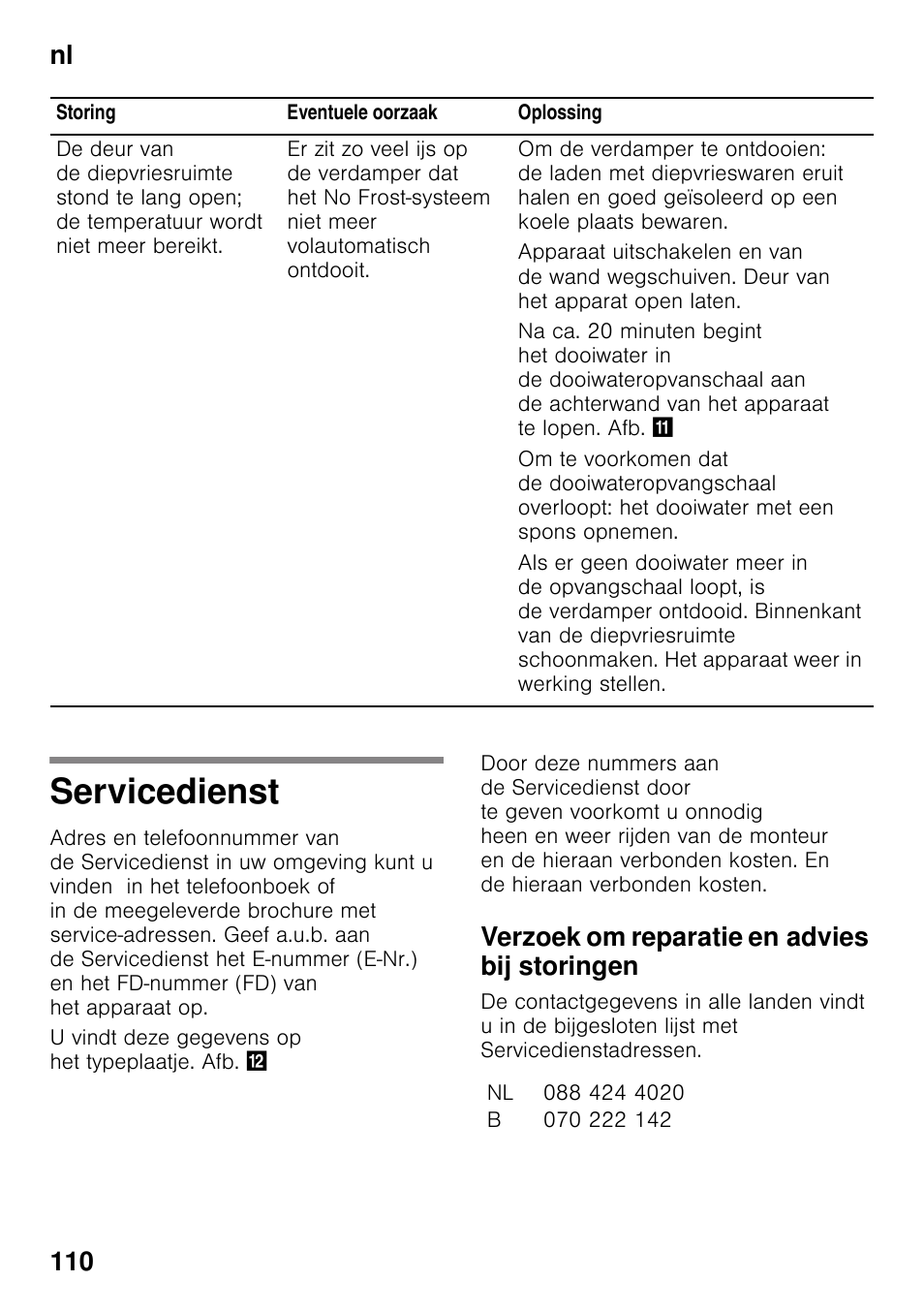 Servicedienst, Verzoek om reparatie en advies bij storingen, Nl 110 | Siemens KG49NSW31 User Manual | Page 110 / 115