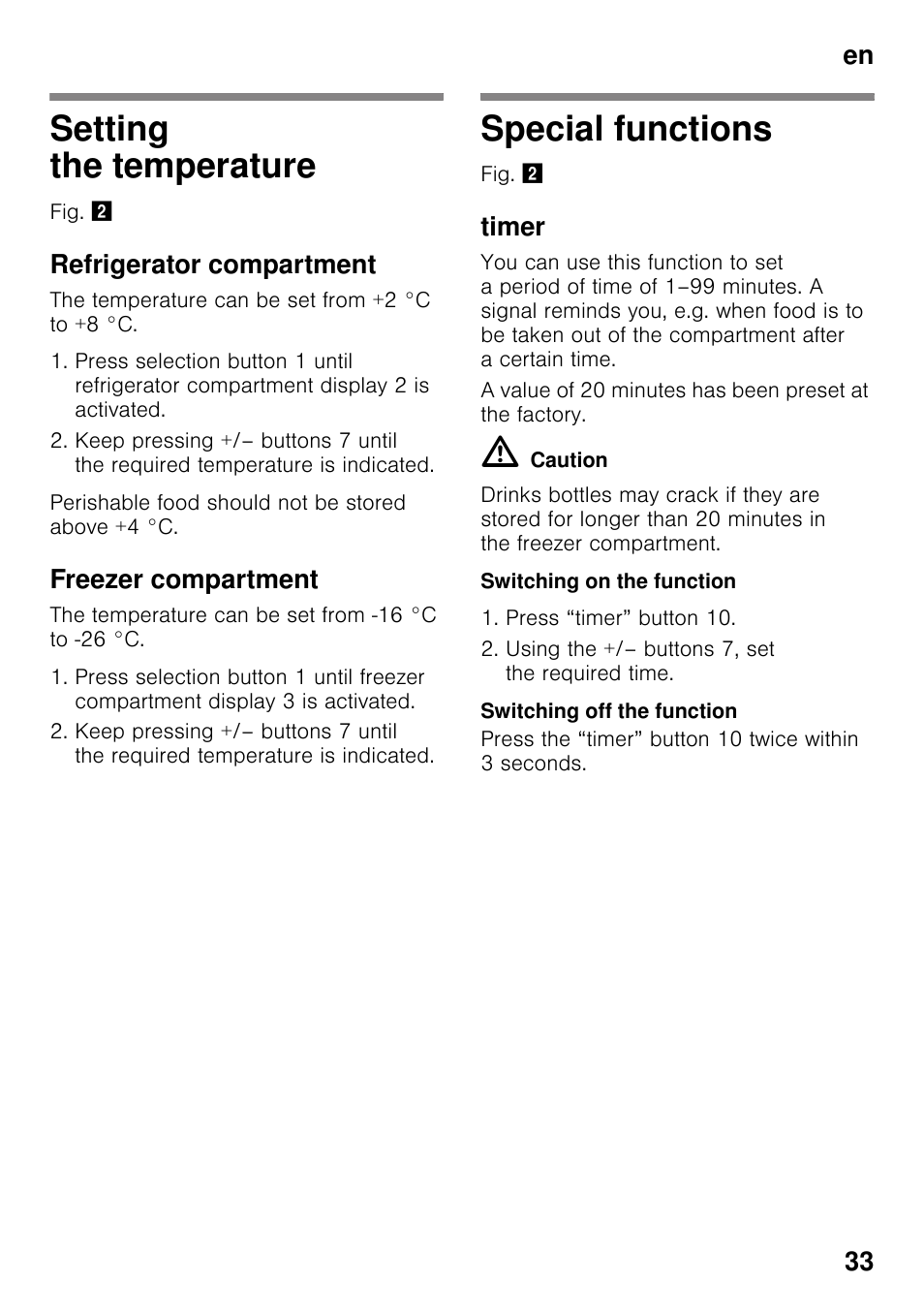 Setting the temperature, Refrigerator compartment, Freezer compartment | Special functions, Timer, Switching on the function, Switching off the function, Setting the temperature special functions, En 33 | Siemens KG49NSW31 User Manual | Page 33 / 115