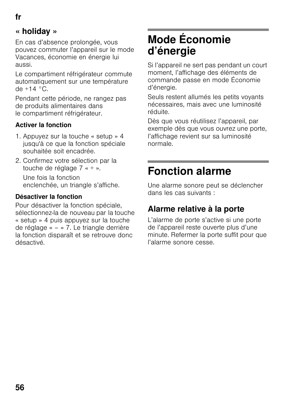 Holiday, Activer la fonction, Désactiver la fonction | Mode économie d’énergie, Fonction alarme, Alarme relative à la porte, Mode économie d’énergie fonction alarme, Fr 56 « holiday | Siemens KG49NSW31 User Manual | Page 56 / 115