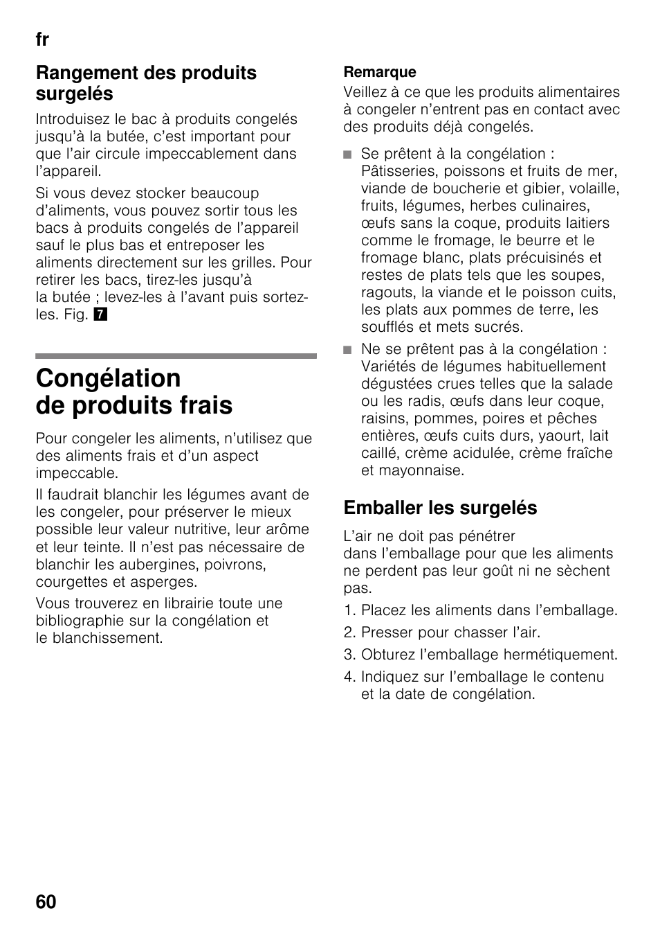 Rangement des produits surgelés, Congélation de produits frais, Emballer les surgelés | Fr 60 rangement des produits surgelés | Siemens KG49NSW31 User Manual | Page 60 / 115