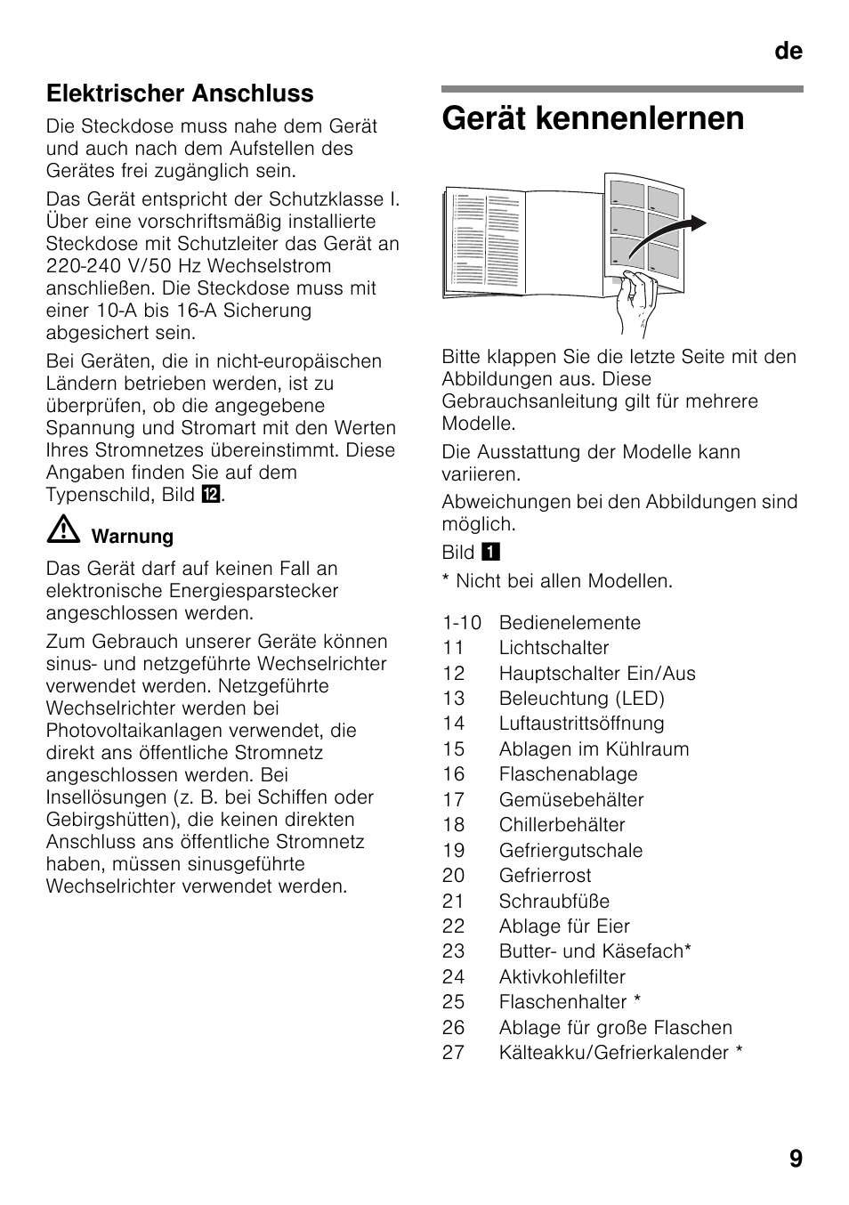 Elektrischer anschluss, Gerät kennenlernen, De 9 elektrischer anschluss | Siemens KG49NSW31 User Manual | Page 9 / 115