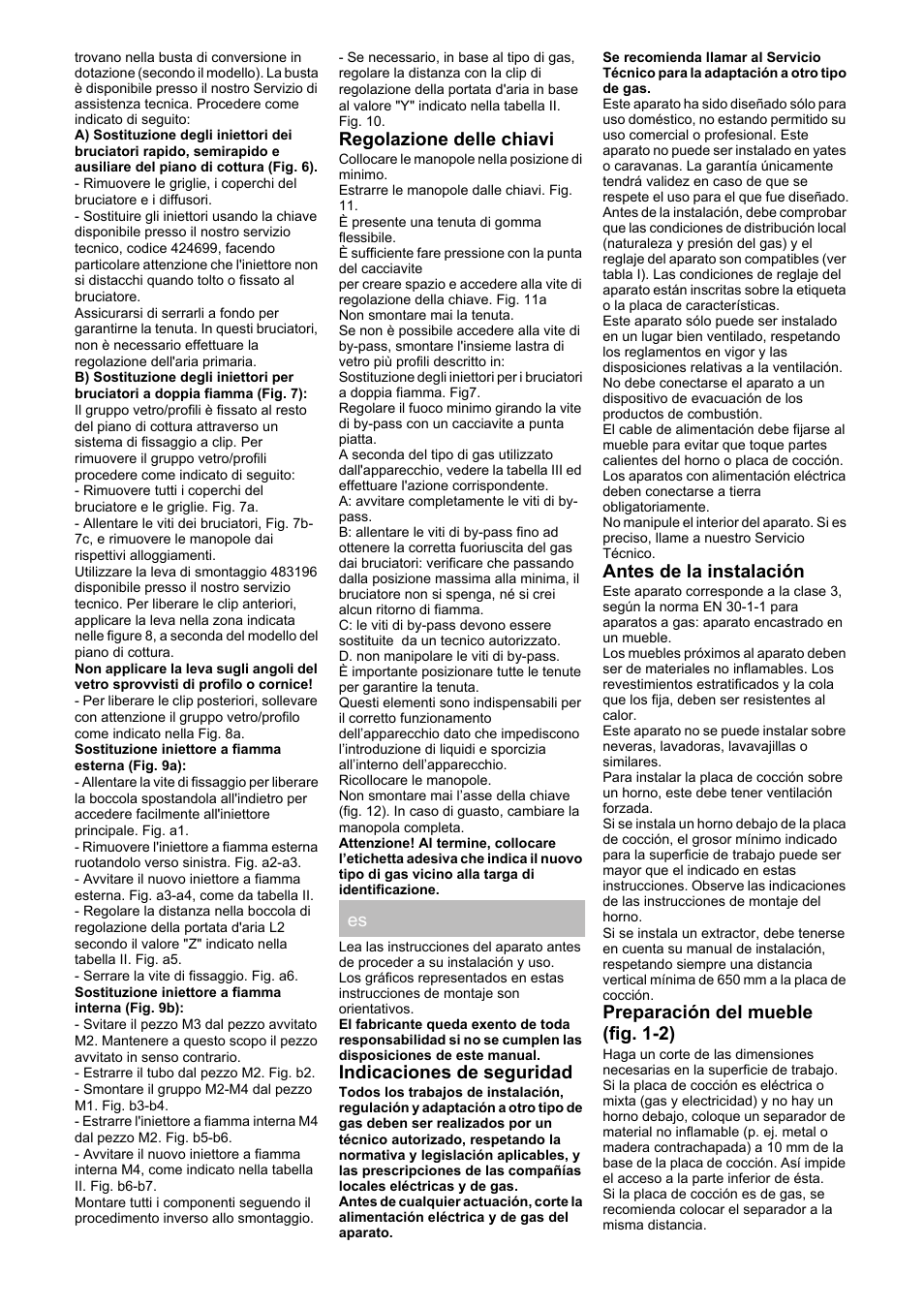 Regolazione delle chiavi, Indicaciones de seguridad, Antes de la instalación | Preparación del mueble (fig. 1-2) | Siemens ER726RB71E User Manual | Page 11 / 20