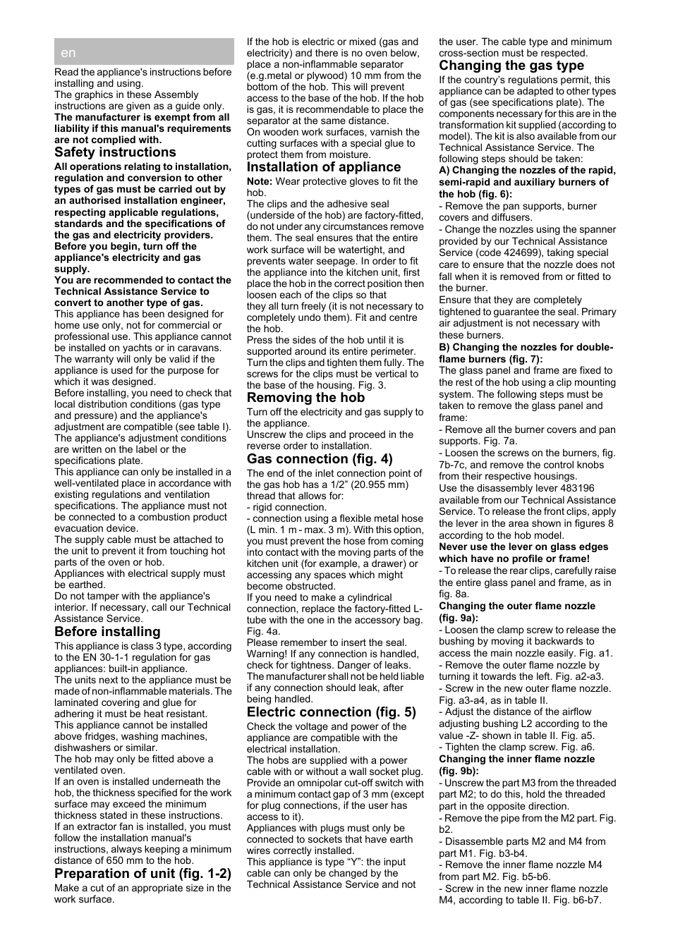 Safety instructions, Before installing, Preparation of unit (fig. 1-2) | Installation of appliance, Removing the hob, Gas connection (fig. 4), Electric connection (fig. 5), Changing the gas type | Siemens ER726RB71E User Manual | Page 6 / 20