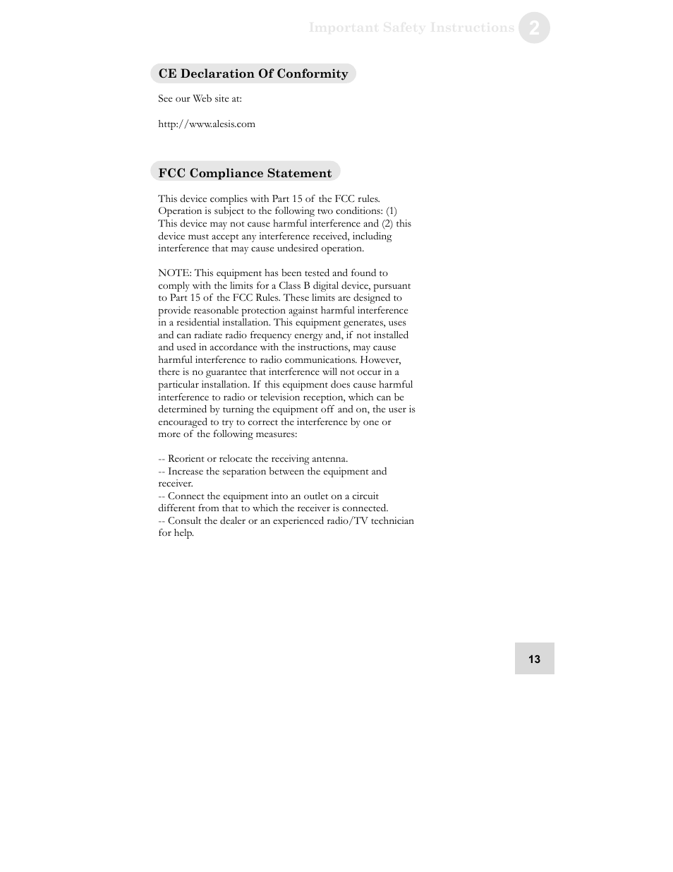Ce declaration of conformity, Fcc compliance statement | ALESIS GRIP Legacy Series Audio Processor Synthesizer User Manual | Page 15 / 36