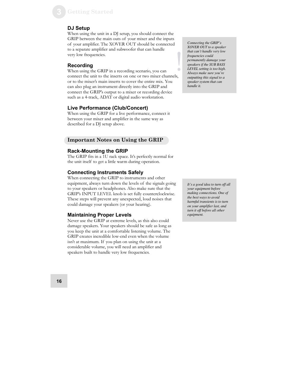Dj setup, Recording, Live performance (club/concert) | Important notes on using the grip, Rack-mounting the grip, Connecting instruments safely, Maintaining proper levels | ALESIS GRIP Legacy Series Audio Processor Synthesizer User Manual | Page 18 / 36