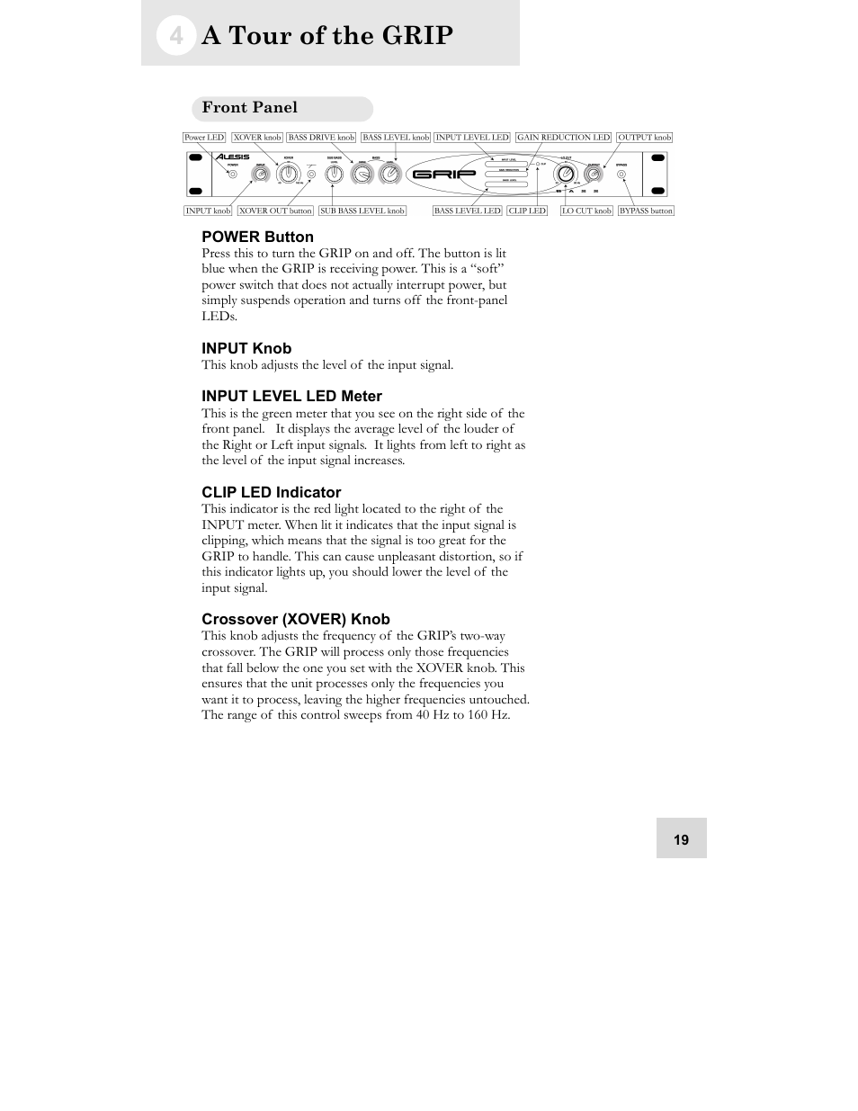 A tour of the grip, Front panel, Power button | Input knob, Crossover (xover) knob, Input level led meter, Clip led indicator | ALESIS GRIP Legacy Series Audio Processor Synthesizer User Manual | Page 21 / 36
