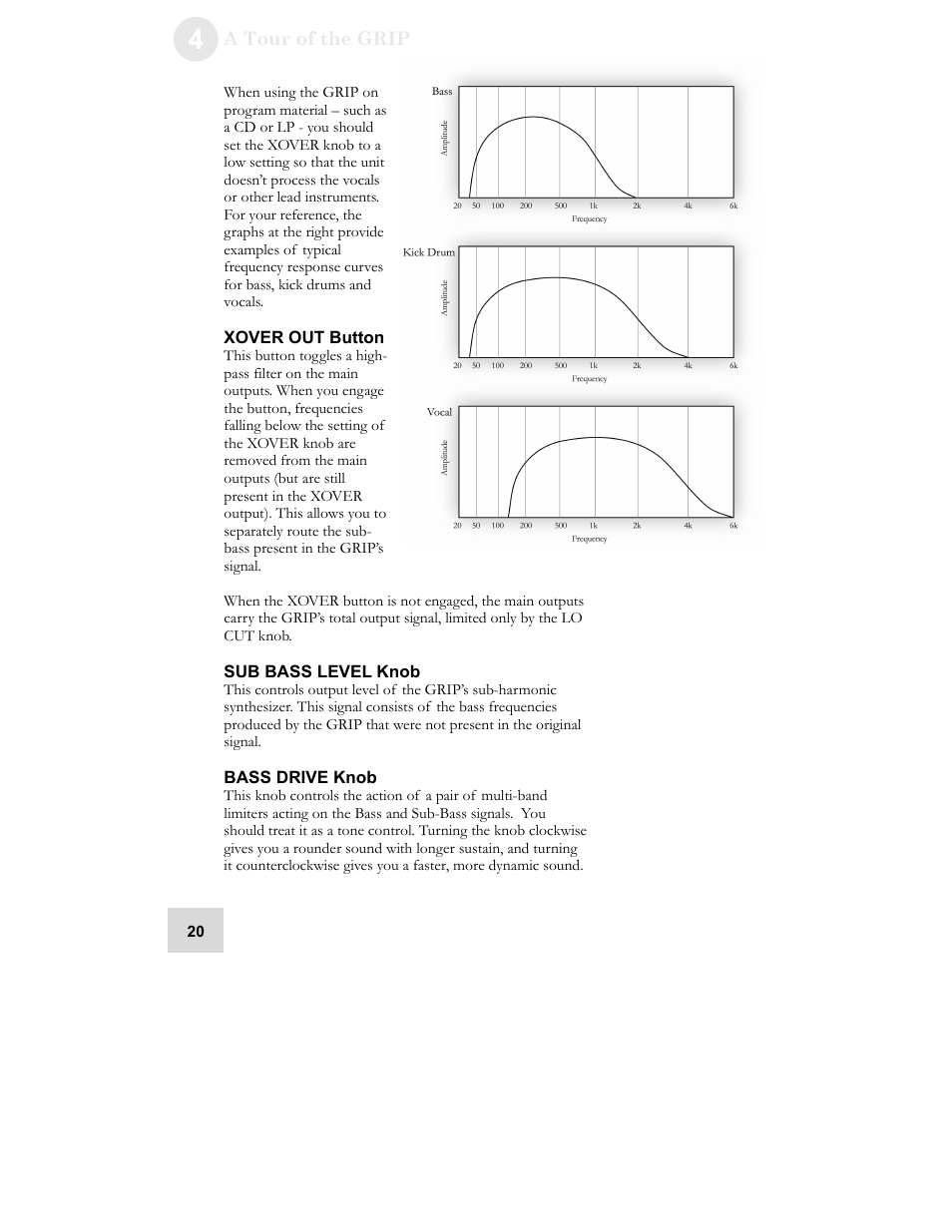 Xover out button, Sub bass level knob, Bass drive knob | ALESIS GRIP Legacy Series Audio Processor Synthesizer User Manual | Page 22 / 36