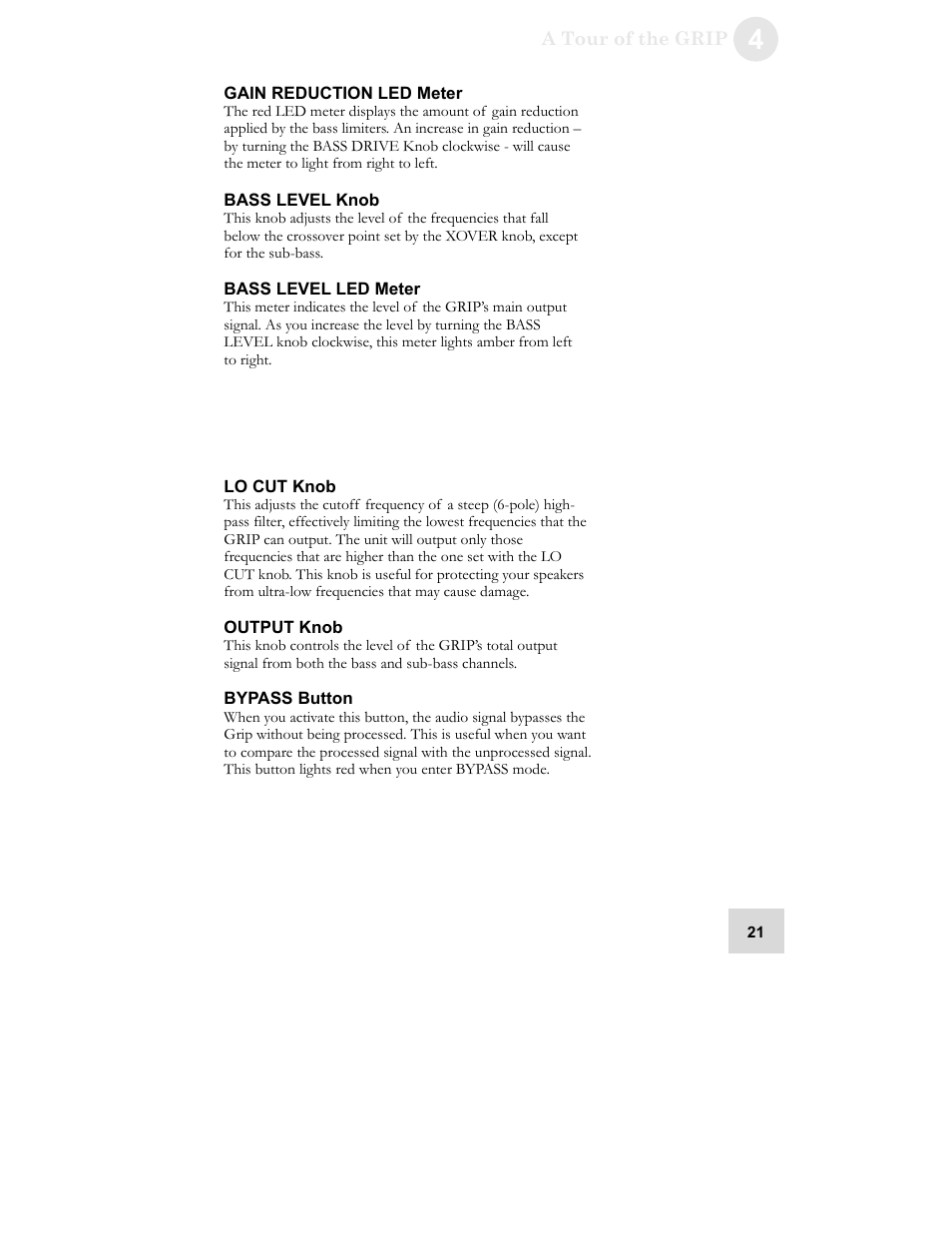 Gain reduction led meter, Bass level knob, Bass level led meter | Lo cut knob, Output knob, Bypass button | ALESIS GRIP Legacy Series Audio Processor Synthesizer User Manual | Page 23 / 36