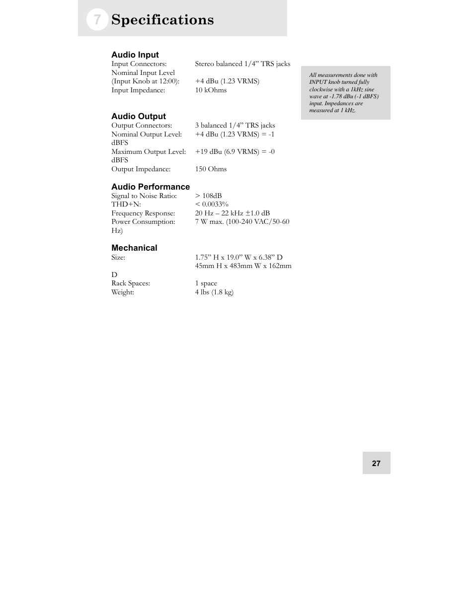 Specifications, Audio input, Audio output | Audio performance, Mechanical | ALESIS GRIP Legacy Series Audio Processor Synthesizer User Manual | Page 29 / 36