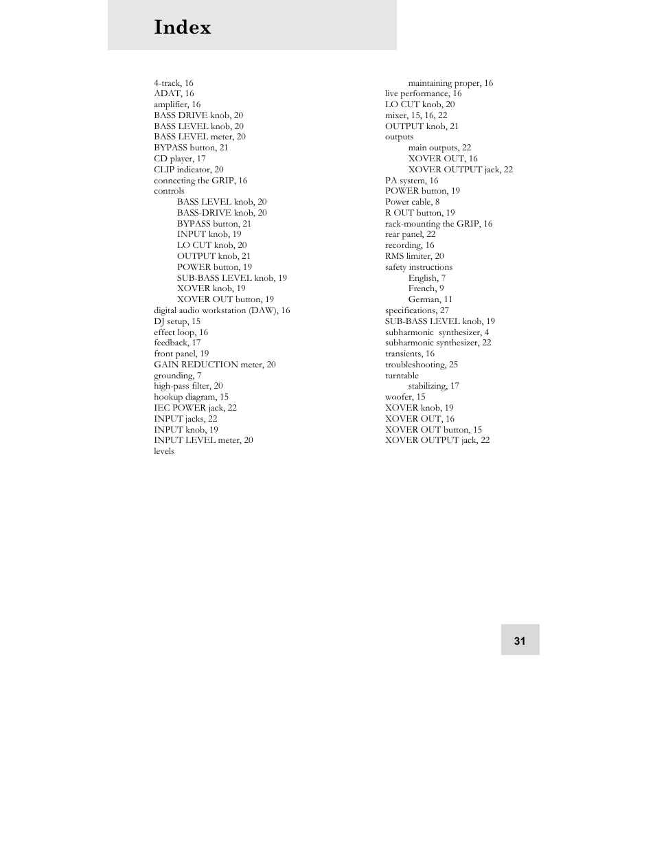 Index | ALESIS GRIP Legacy Series Audio Processor Synthesizer User Manual | Page 33 / 36