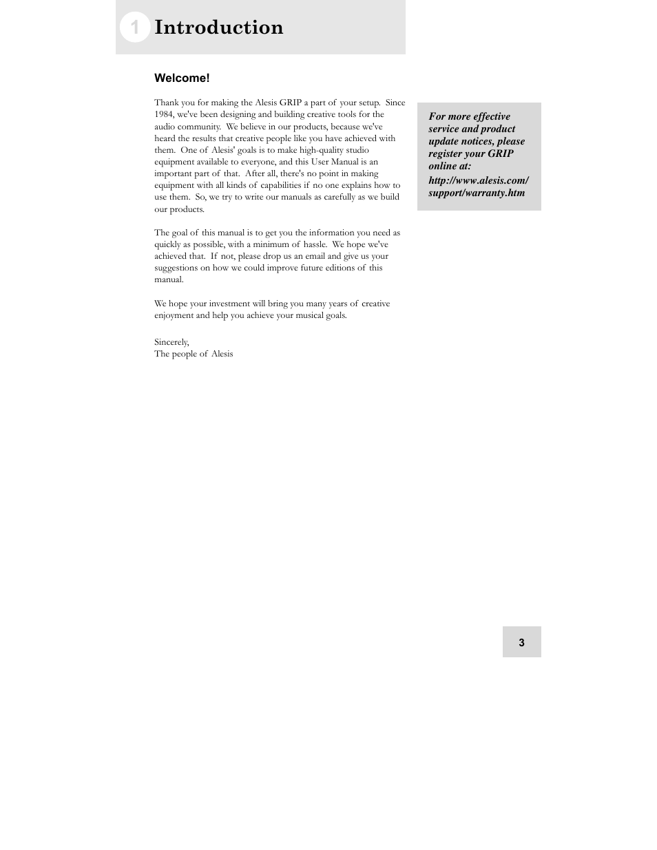 Introduction, Welcome | ALESIS GRIP Legacy Series Audio Processor Synthesizer User Manual | Page 5 / 36
