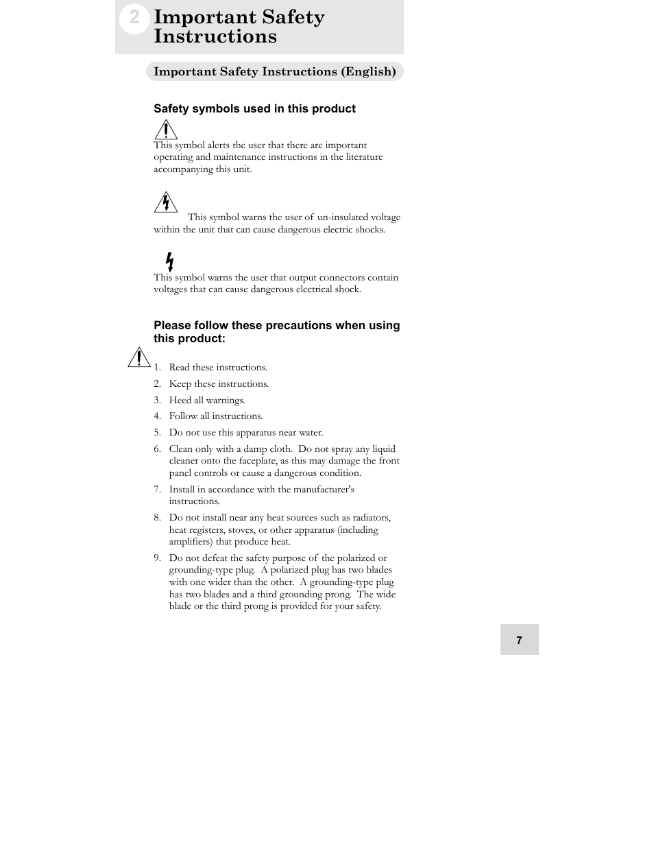 Important safety instructions, Important safety instructions (english), Safety symbols used in this product | ALESIS GRIP Legacy Series Audio Processor Synthesizer User Manual | Page 9 / 36