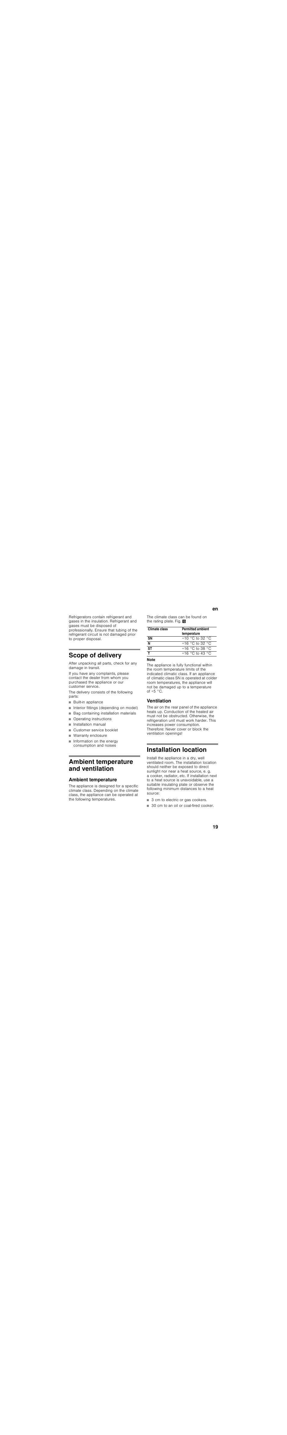 Scope of delivery, The delivery consists of the following parts, Built-in appliance | Interior fittings (depending on model), Bag containing installation materials, Operating instructions, Installation manual, Customer service booklet, Warranty enclosure, Information on the energy consumption and noises | Siemens GS33NVW30 User Manual | Page 19 / 71