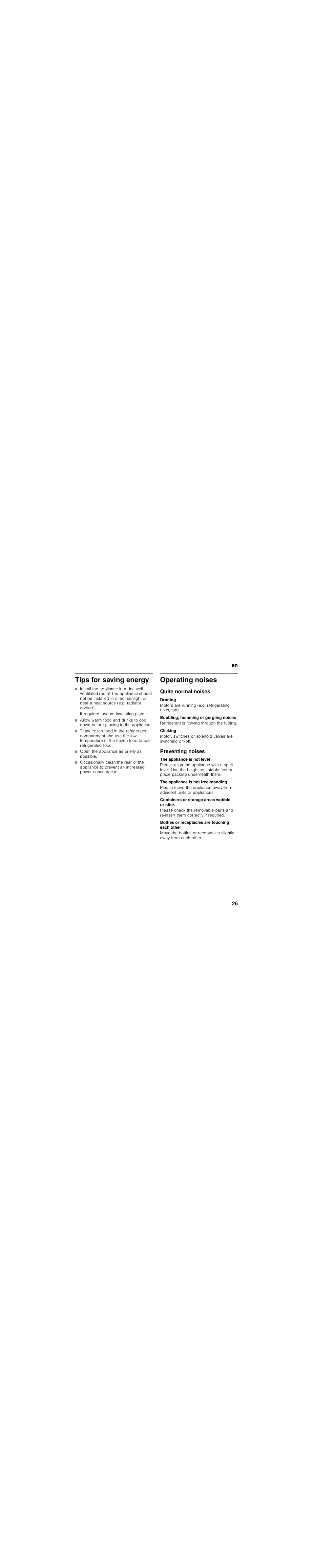 Tips for saving energy, If required, use an insulating plate, Open the appliance as briefly as possible | Operating noises, Quite normal noises, Droning, Bubbling, humming or gurgling noises, Clicking, Preventing noises, The appliance is not level | Siemens GS33NVW30 User Manual | Page 25 / 71