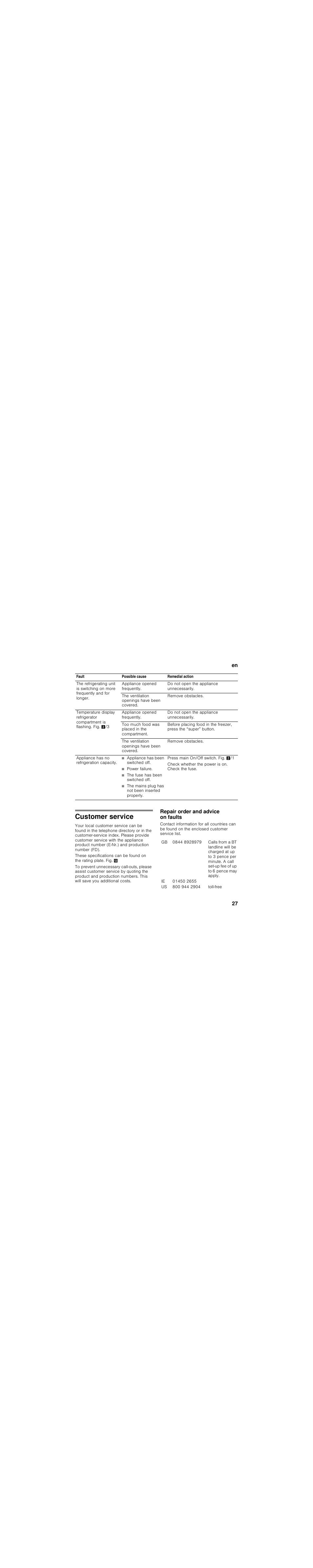 Appliance has been switched off, Power failure, The fuse has been switched off | The mains plug has not been inserted properly, Customer service, Repair order and advice on faults | Siemens GS33NVW30 User Manual | Page 27 / 71