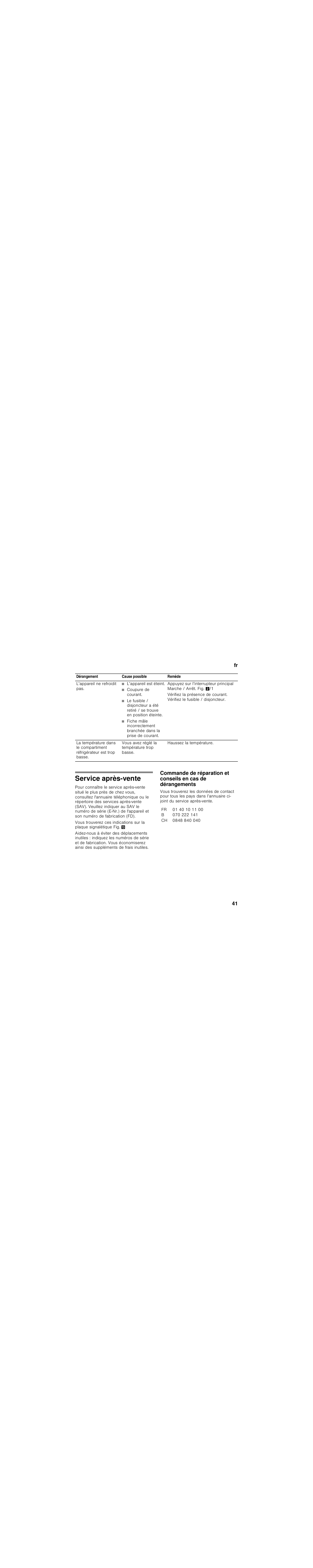 L’appareil est éteint, Coupure de courant, Service après-vente | Siemens GS33NVW30 User Manual | Page 41 / 71