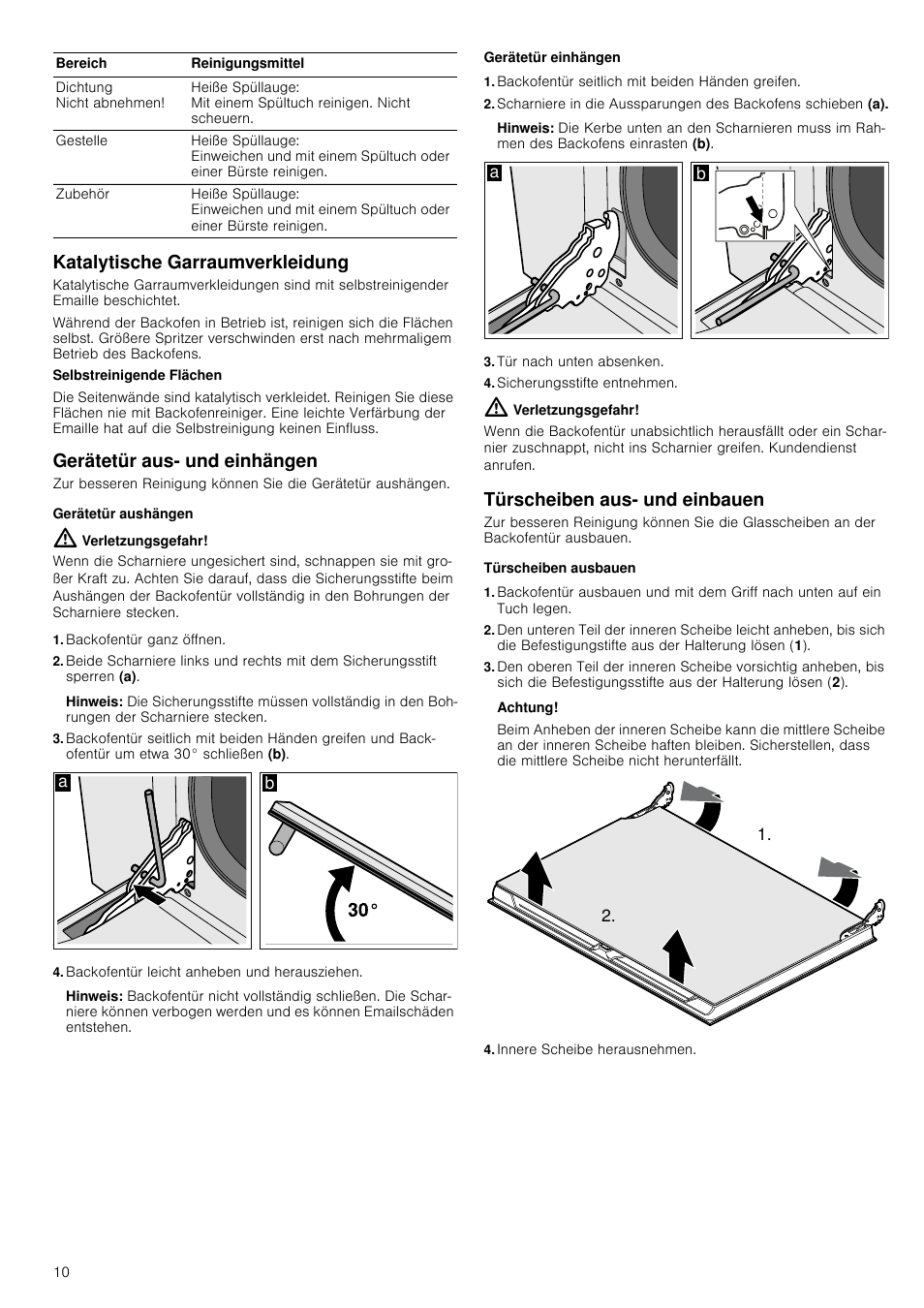 Katalytische garraumverkleidung, Gerätetür aus- und einhängen, Gerätetür aushängen | Verletzungsgefahr, Backofentür ganz öffnen, Hinweis, Backofentür leicht anheben und herausziehen, Gerätetür einhängen, Backofentür seitlich mit beiden händen greifen, Tür nach unten absenken | Siemens HV541ANS0 User Manual | Page 10 / 72