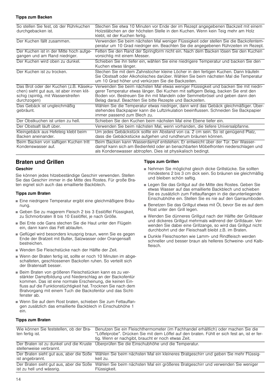 Tipps zum backen, Braten und grillen, Tipps zum braten | Wenden sie fleischstücke nach der hälfte der zeit, Tipps zum grillen | Siemens HV541ANS0 User Manual | Page 14 / 72