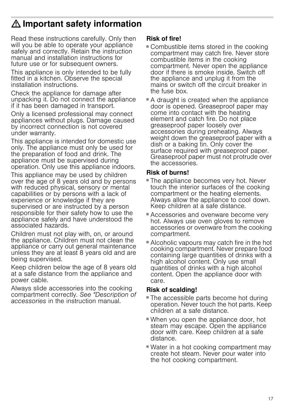 Important safety information, Risk of fire, Risk of burns | Risk of serious burns, Risk of scalding, Ormation | Siemens HV541ANS0 User Manual | Page 17 / 72