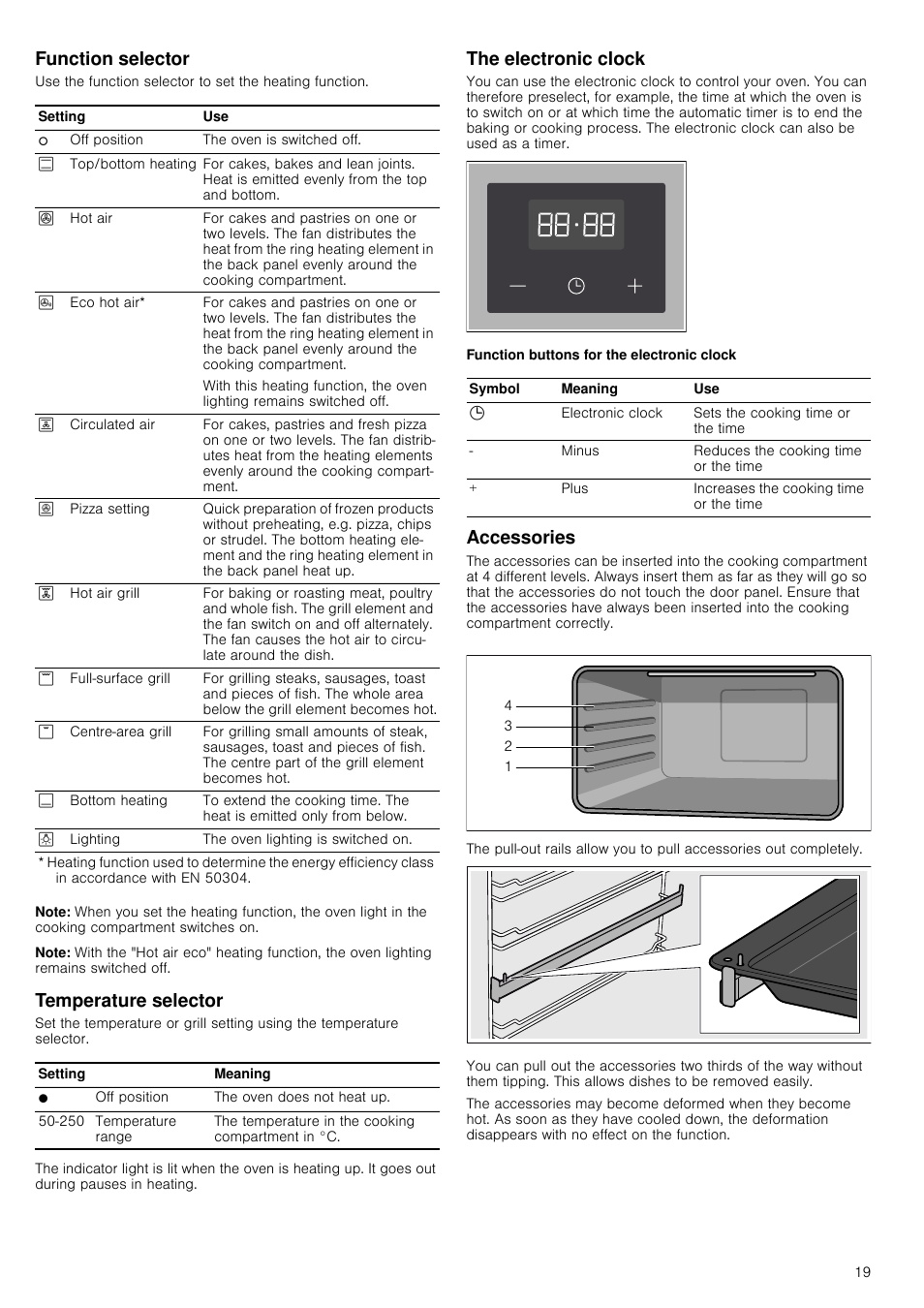 Function selector, Note, Temperature selector | The electronic clock, Accessories | Siemens HV541ANS0 User Manual | Page 19 / 72