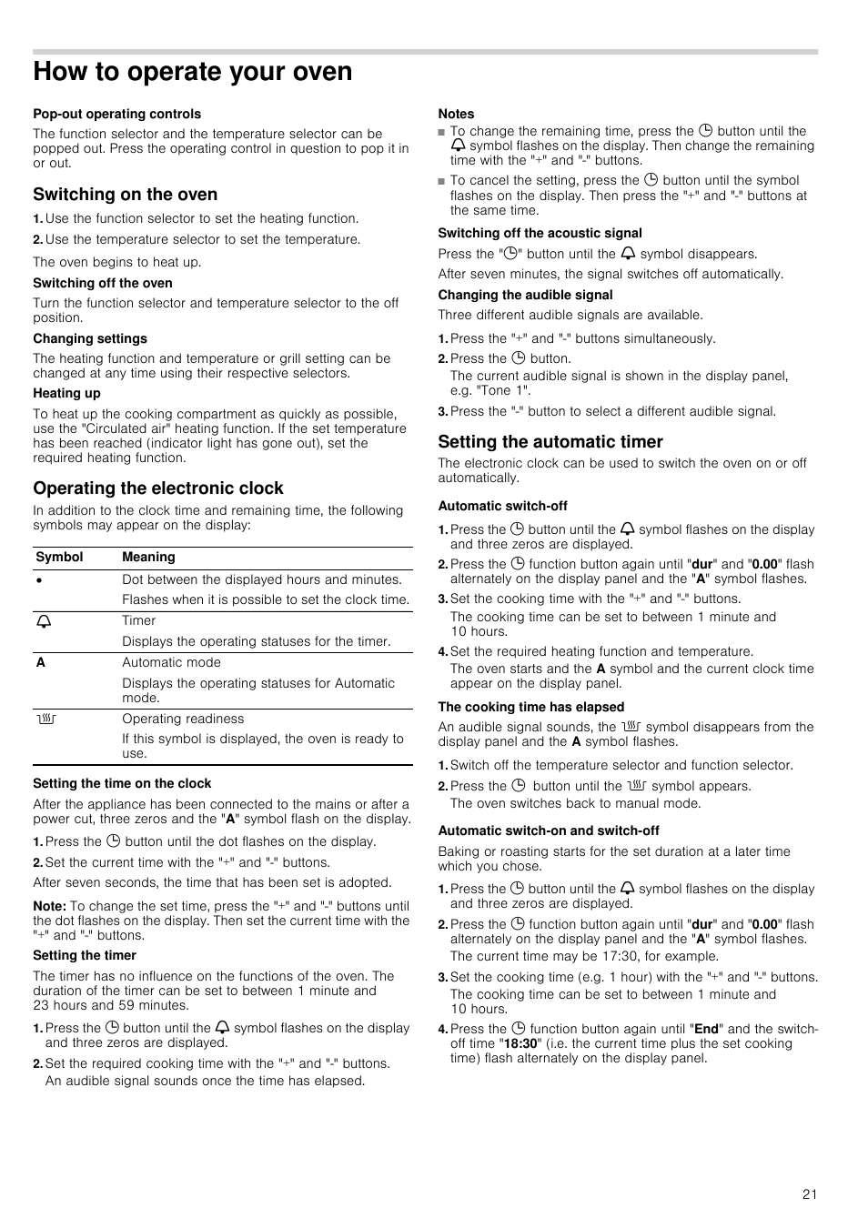 How to operate your oven, Switching on the oven, Operating the electronic clock | Set the current time with the "+" and "-" buttons, Note, Notes, Press the "+" and "-" buttons simultaneously, Press the 0 button, Setting the automatic timer, Automatic switch-off | Siemens HV541ANS0 User Manual | Page 21 / 72