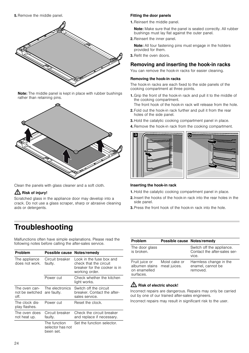 Remove the middle panel, Note, Risk of injury | Fitting the door panels, Reinsert the middle panel, Reinsert the inner panel, Refit the oven doors, Removing and inserting the hook-in racks, Removing the hook-in racks, Inserting the hook-in rack | Siemens HV541ANS0 User Manual | Page 24 / 72