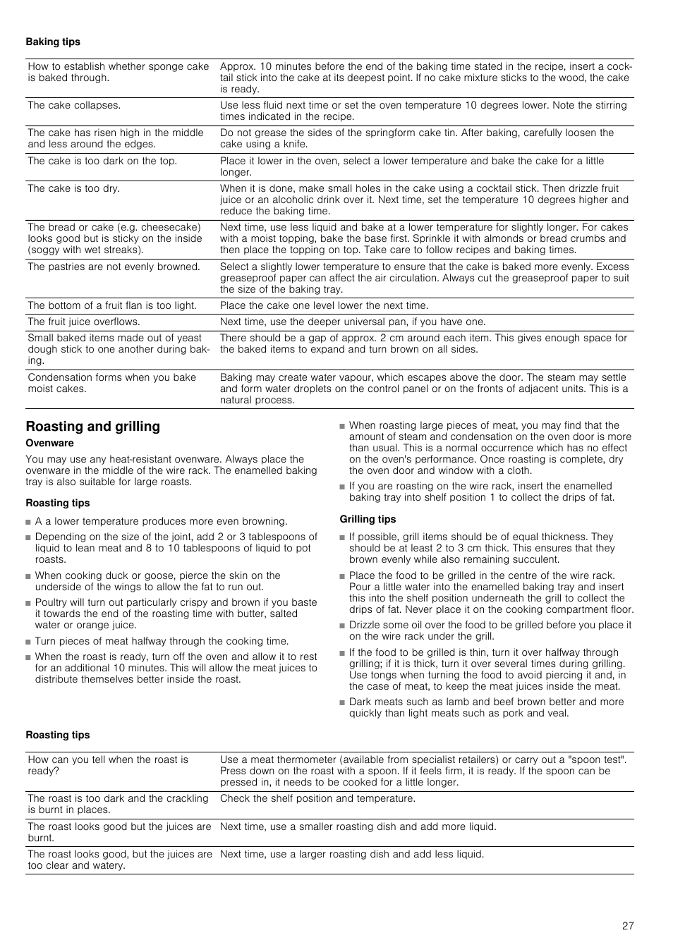 Baking tips, Roasting and grilling, Roasting tips | Grilling tips | Siemens HV541ANS0 User Manual | Page 27 / 72