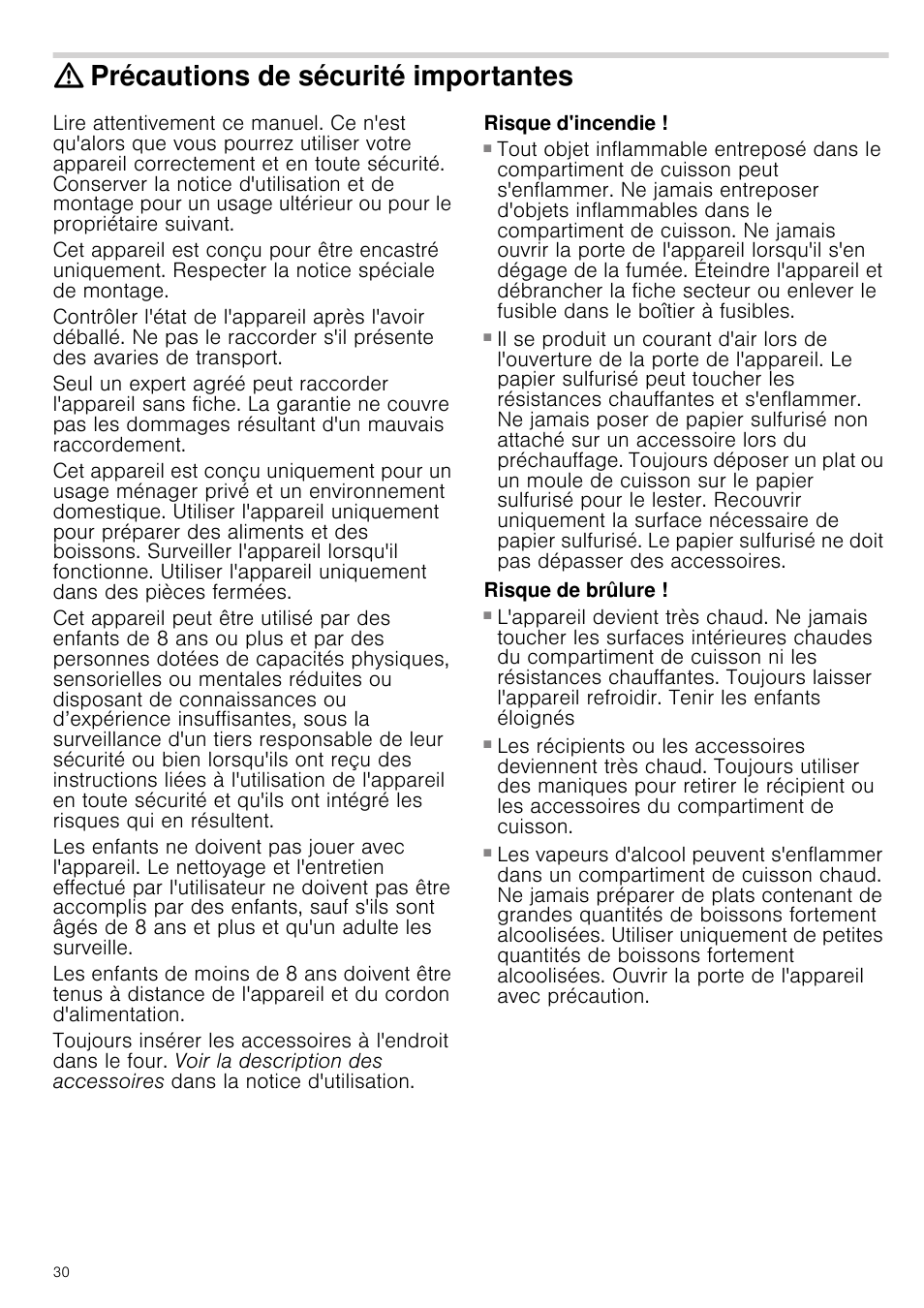 Précautions de sécurité importantes, Risque d'incendie, Risque de brûlure | Siemens HV541ANS0 User Manual | Page 30 / 72