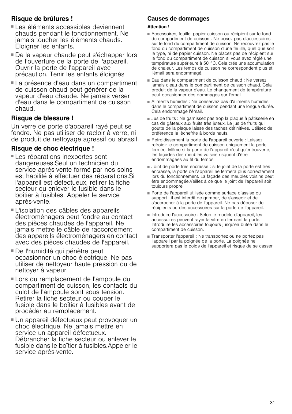 Risque de brûlures, Risque de brûlure, Risque de blessure | Risque de choc électrique, Causes de dommages, Attention | Siemens HV541ANS0 User Manual | Page 31 / 72