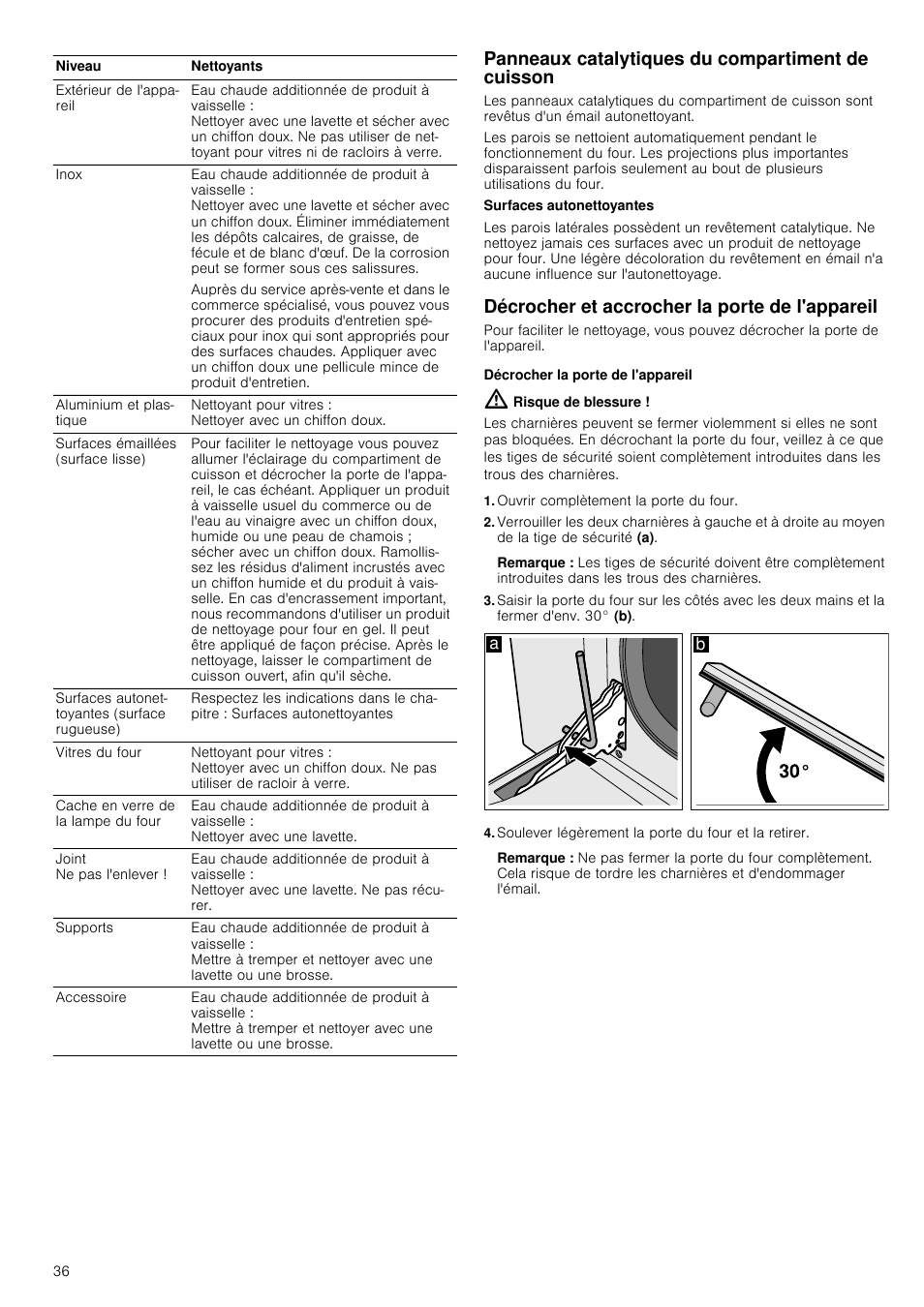 Panneaux catalytiques du compartiment de cuisson, Décrocher et accrocher la porte de l'appareil, Décrocher la porte de l'appareil | Risque de blessure, Ouvrir complètement la porte du four, Remarque, Soulever légèrement la porte du four et la retirer | Siemens HV541ANS0 User Manual | Page 36 / 72