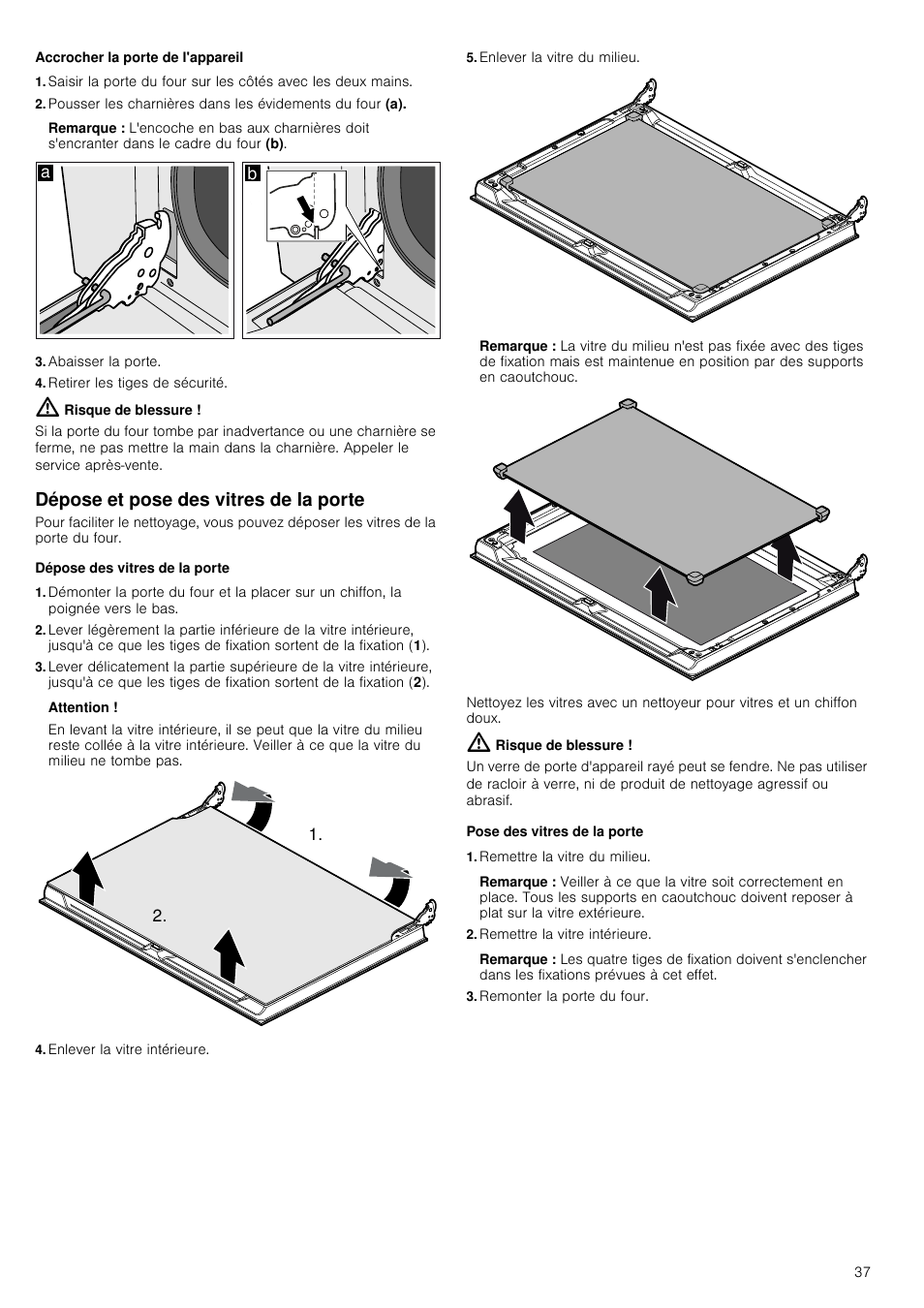 Accrocher la porte de l'appareil, Remarque, Abaisser la porte | Retirer les tiges de sécurité, Risque de blessure, Dépose et pose des vitres de la porte, Dépose des vitres de la porte, Attention, Enlever la vitre intérieure, Enlever la vitre du milieu | Siemens HV541ANS0 User Manual | Page 37 / 72