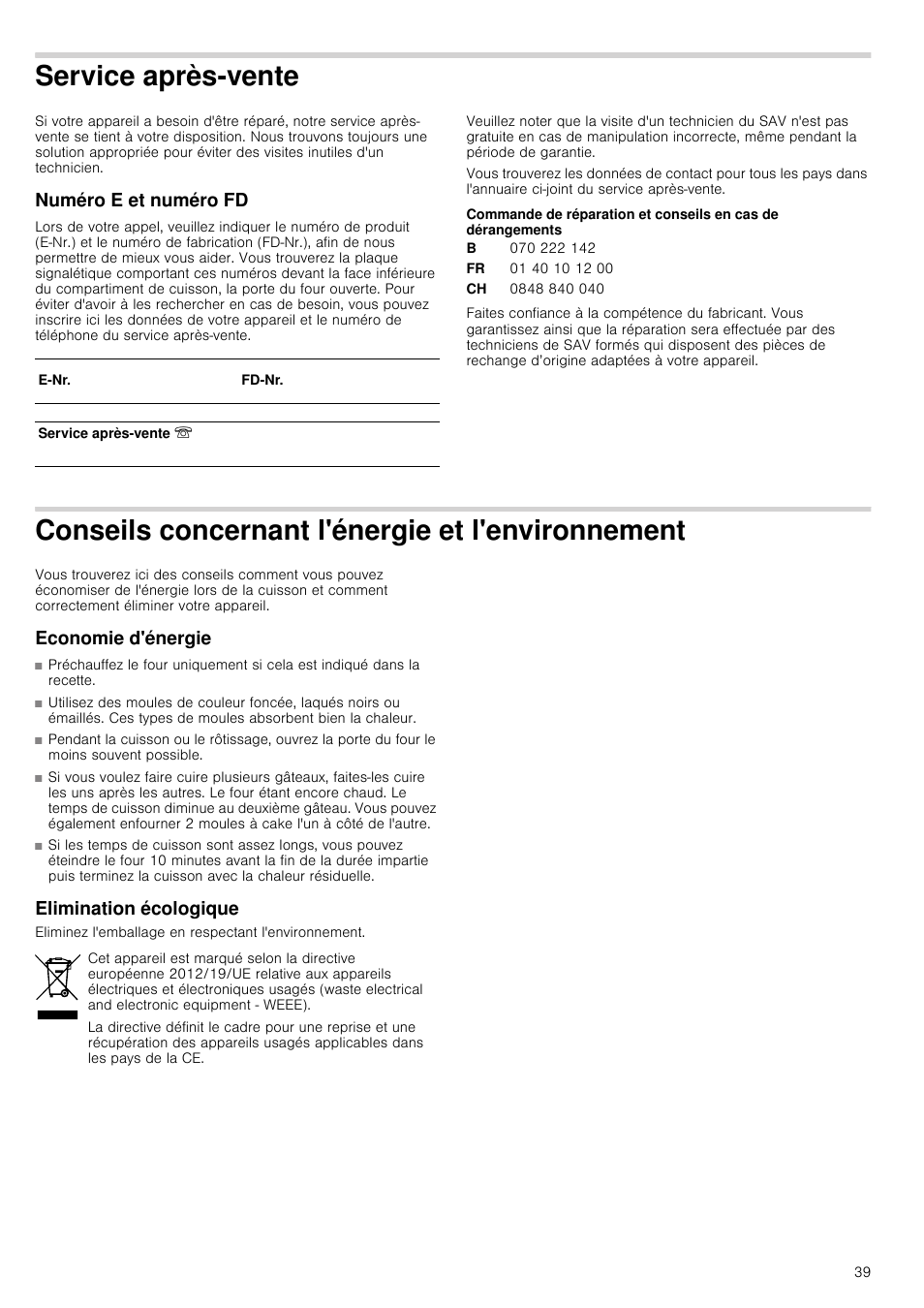 Service après-vente, Numéro e et numéro fd, Conseils concernant l'énergie et l'environnement | Economie d'énergie, Elimination écologique, Vironnement | Siemens HV541ANS0 User Manual | Page 39 / 72