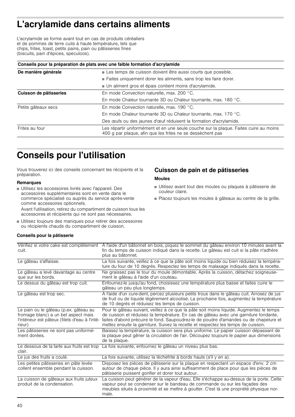 L'acrylamide dans certains aliments, Conseils pour l'utilisation, Remarques | Cuisson de pain et de pâtisseries, Conseils pour la pâtisserie, Tains aliments conseils pour l'utilisation | Siemens HV541ANS0 User Manual | Page 40 / 72