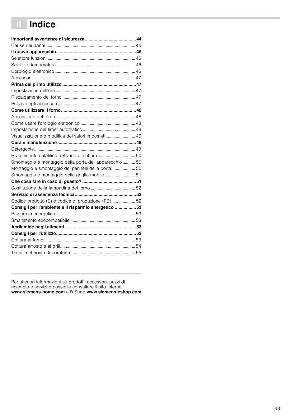 Â indice[it] istruzioni per l’uso, Vwux]lrqlshuo·xvr, Indice | Siemens HV541ANS0 User Manual | Page 43 / 72