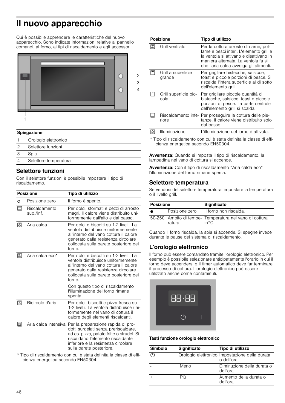 Il nuovo apparecchio, Selettore funzioni, Avvertenza | Selettore temperatura, L'orologio elettronico, Hio selettore funzioni | Siemens HV541ANS0 User Manual | Page 46 / 72