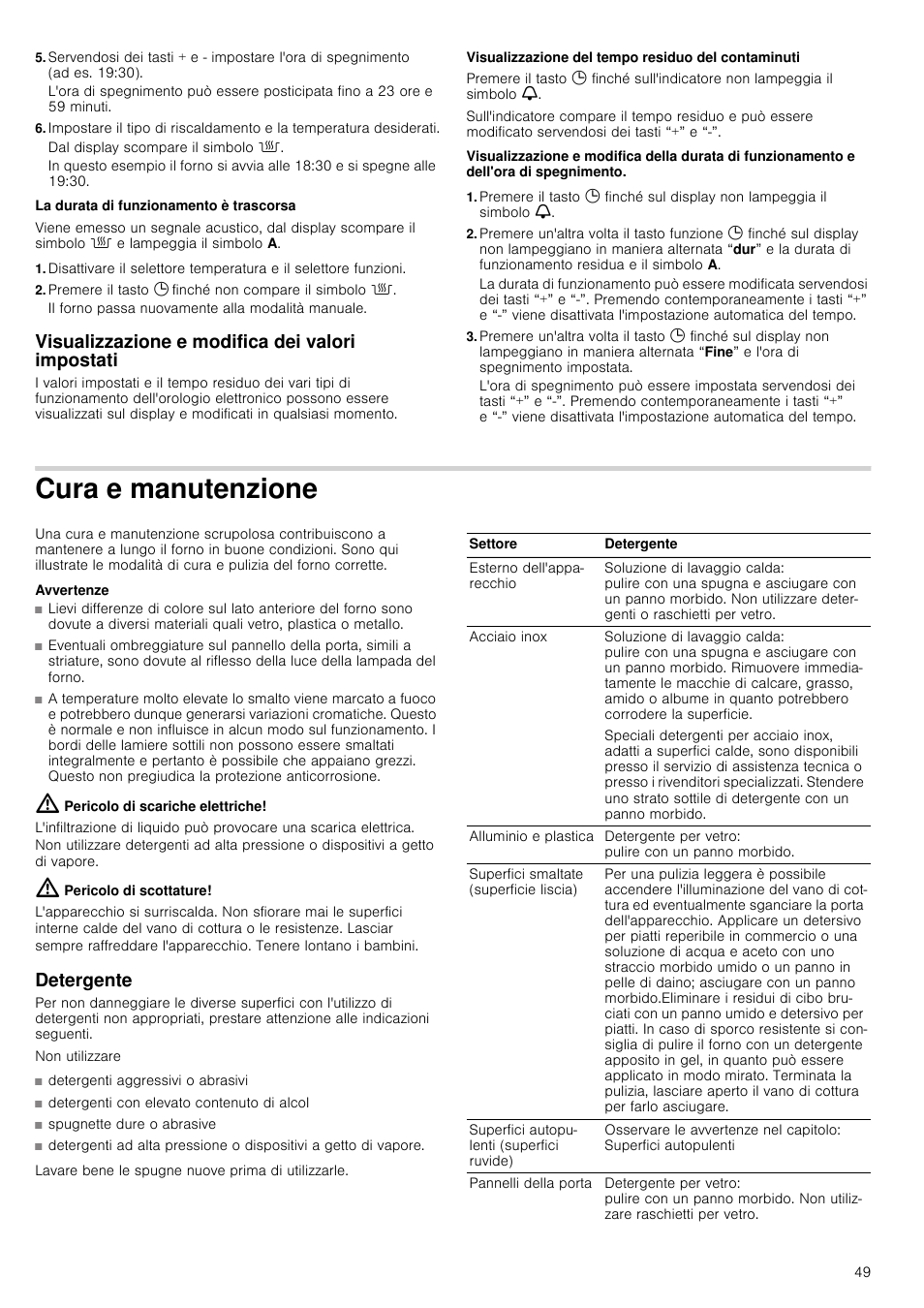 Dal display scompare il simbolo û, Premere il tasto 0 finché non compare il simbolo û, Visualizzazione e modifica dei valori impostati | Cura e manutenzione, Avvertenze, Pericolo di scariche elettriche, Pericolo di scottature, Detergente, Detergenti con elevato contenuto di alcol, Spugnette dure o abrasive | Siemens HV541ANS0 User Manual | Page 49 / 72