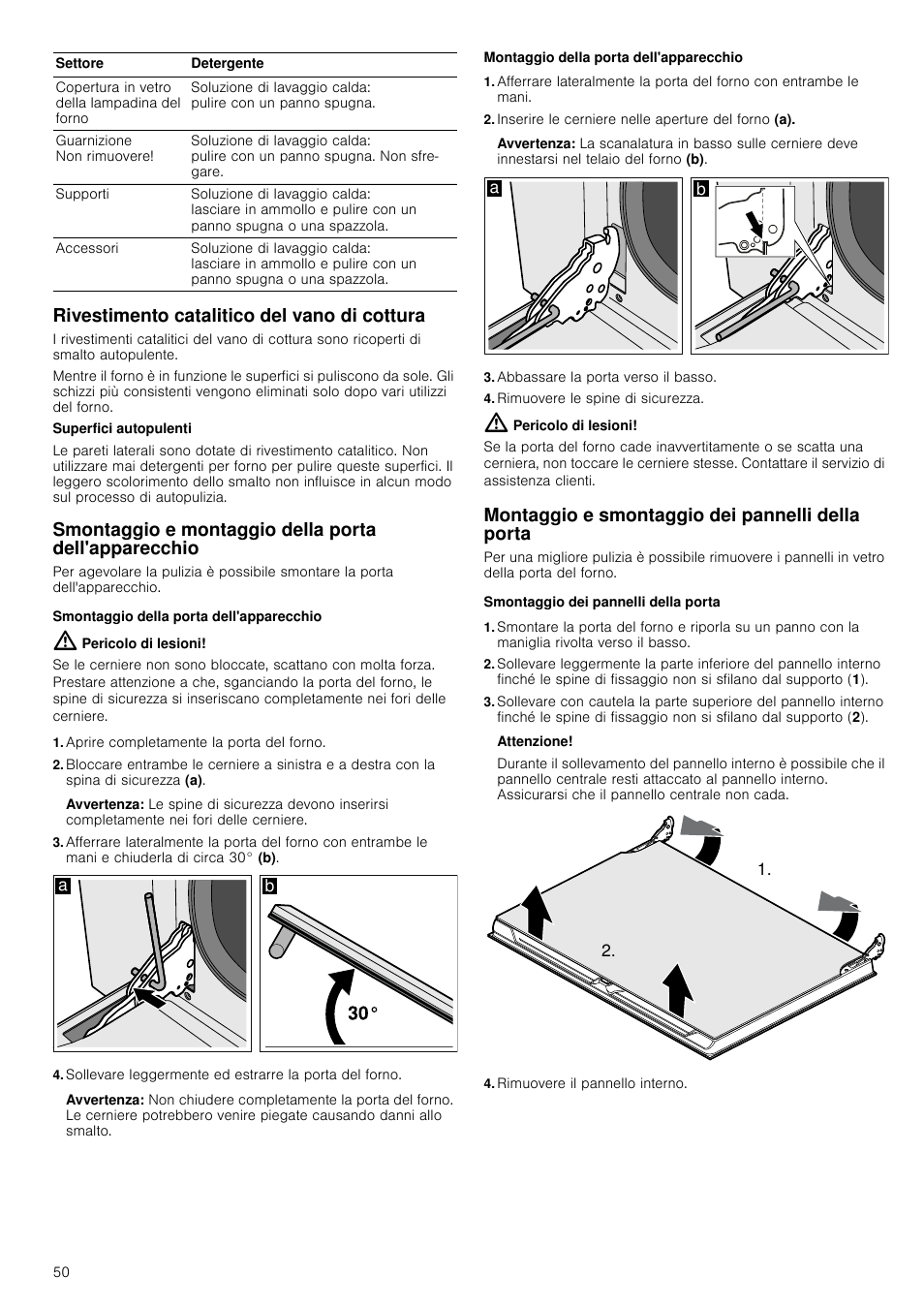 Rivestimento catalitico del vano di cottura, Smontaggio della porta dell'apparecchio, Pericolo di lesioni | Aprire completamente la porta del forno, Avvertenza, Montaggio della porta dell'apparecchio, Inserire le cerniere nelle aperture del forno (a), Abbassare la porta verso il basso, Rimuovere le spine di sicurezza, Montaggio e smontaggio dei pannelli della porta | Siemens HV541ANS0 User Manual | Page 50 / 72