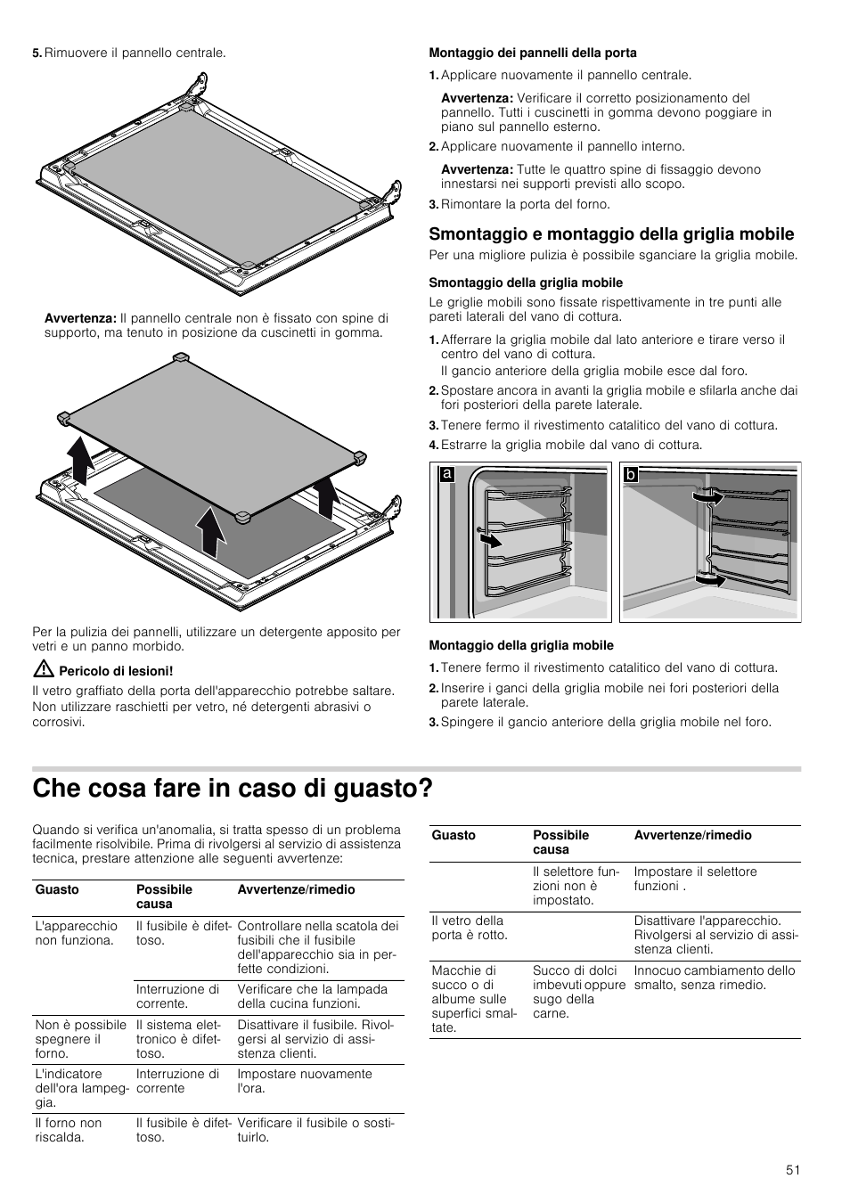 Rimuovere il pannello centrale, Avvertenza, Pericolo di lesioni | Montaggio dei pannelli della porta, Applicare nuovamente il pannello centrale, Applicare nuovamente il pannello interno, Rimontare la porta del forno, Smontaggio e montaggio della griglia mobile, Smontaggio della griglia mobile, Estrarre la griglia mobile dal vano di cottura | Siemens HV541ANS0 User Manual | Page 51 / 72