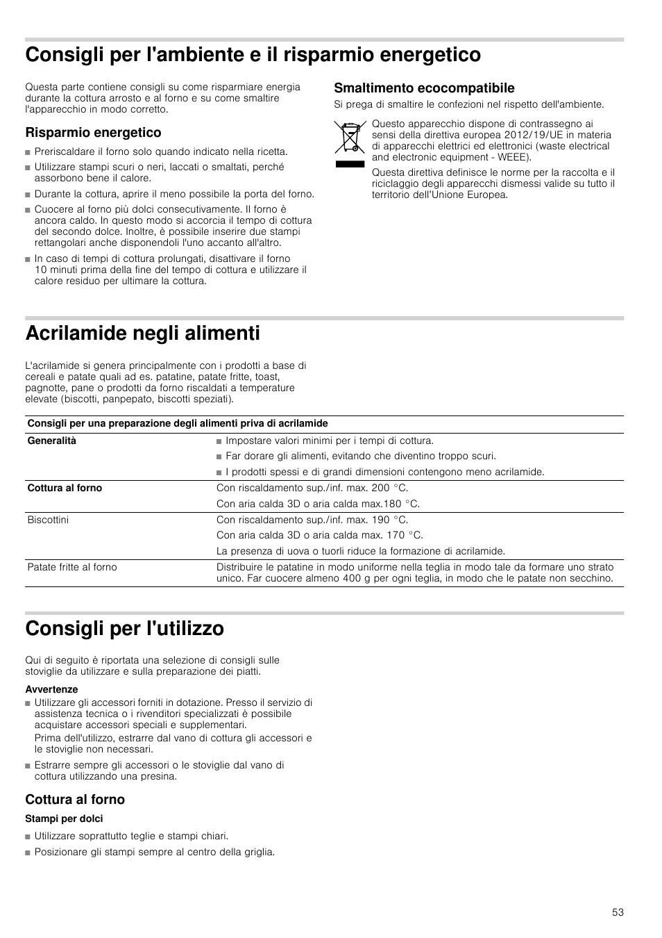 Consigli per l'ambiente e il risparmio energetico, Risparmio energetico, Smaltimento ecocompatibile | Acrilamide negli alimenti, Consigli per l'utilizzo, Avvertenze, Cottura al forno | Siemens HV541ANS0 User Manual | Page 53 / 72