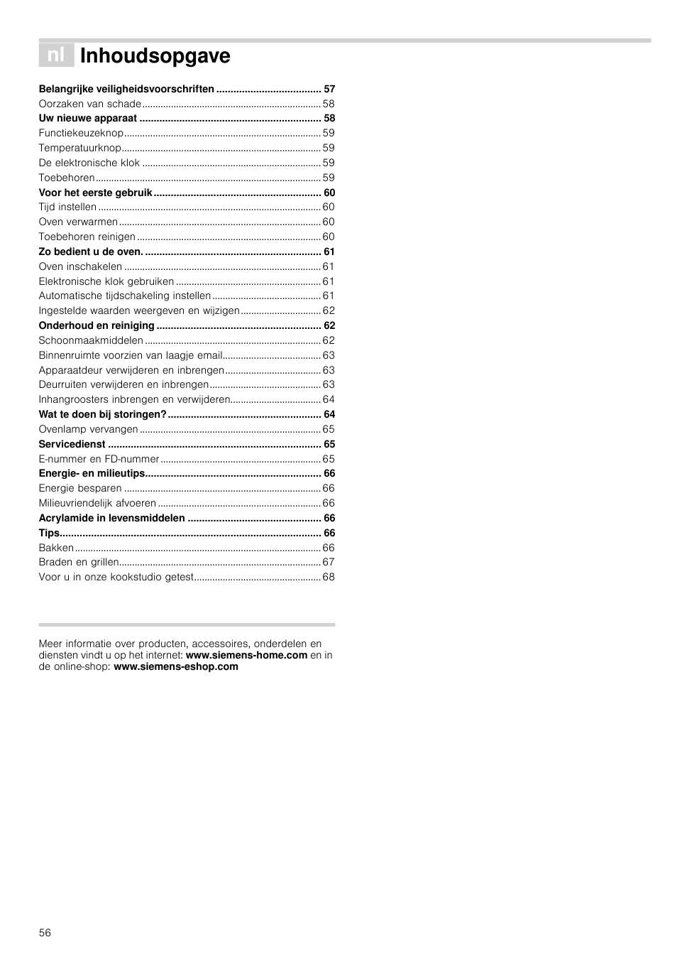 É inhoudsopgave[nl] gebruiksaanwijzing, Heuxlnvddqzlm]lqj, Inhoudsopgave | Siemens HV541ANS0 User Manual | Page 56 / 72