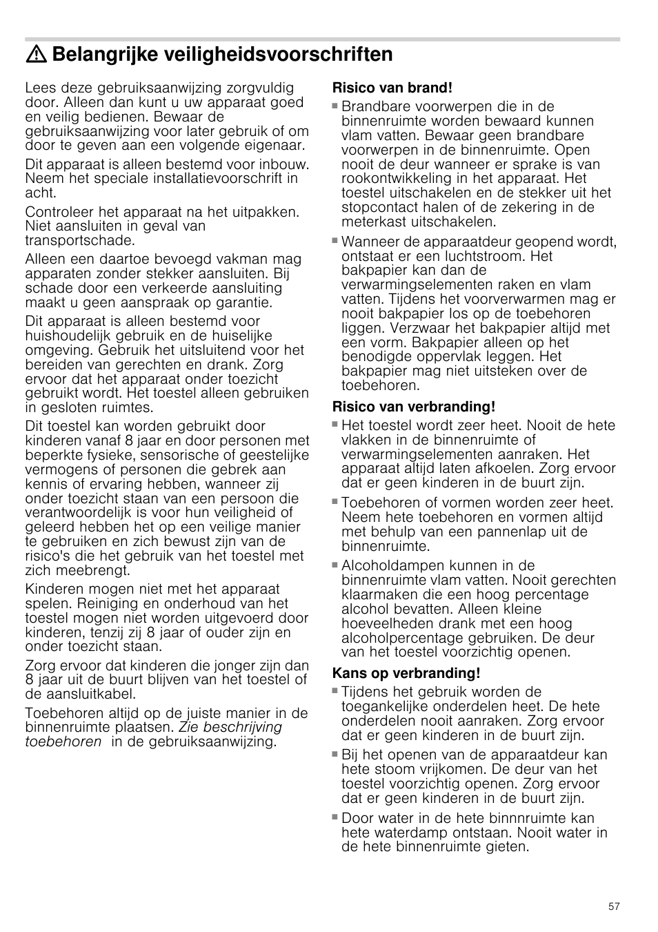 Belangrijke veiligheidsvoorschriften, Risico van brand, Risico van verbranding | Kans op verbranding, Kans op verbrandingen | Siemens HV541ANS0 User Manual | Page 57 / 72