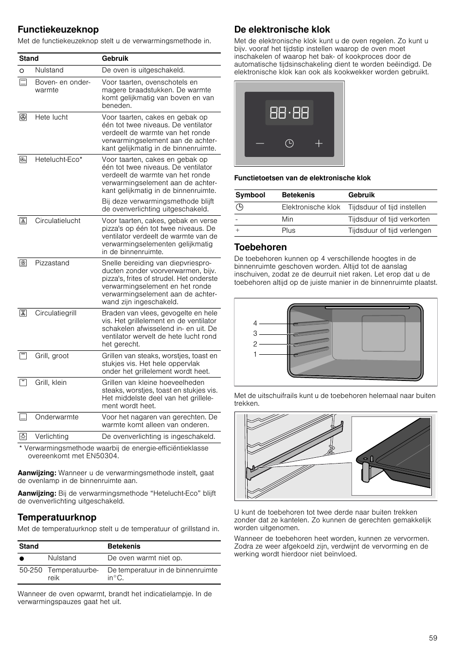 Functiekeuzeknop, Aanwijzing, Temperatuurknop | De elektronische klok, Toebehoren, De elektronische klok toebehoren | Siemens HV541ANS0 User Manual | Page 59 / 72