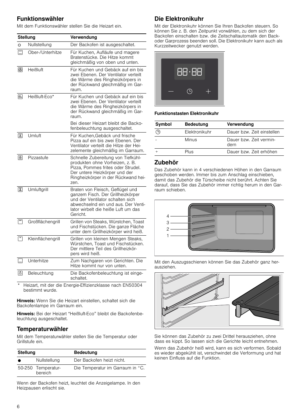 Funktionswähler, Hinweis, Temperaturwähler | Die elektronikuhr, Zubehör | Siemens HV541ANS0 User Manual | Page 6 / 72